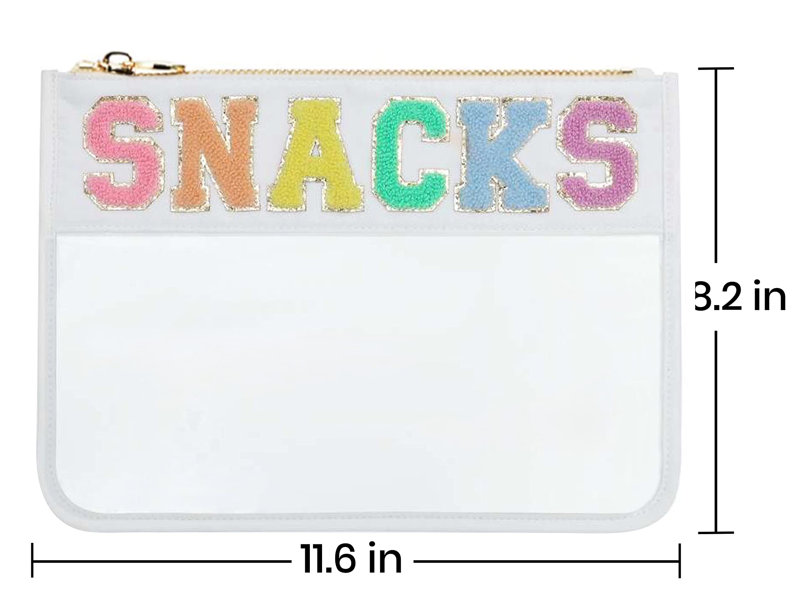 Chenille Letter Snack Pouch - Clear PVC & Nylon Zipper Snack Bag for Travel, School & Organization | Glittery Reusable Food Storage Container for Women & Kids | Perfect for Lunch, Snacks & On-the-Go Meals | White Chenille Letter Bag