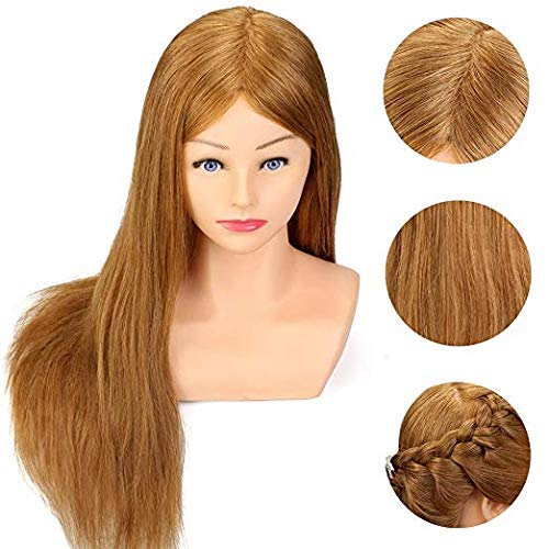 RAWAL Real Human Hair Shoulder-Length Mannequin Head for Hair Styling Practice - Perfect for Cutting, Coloring, Braiding & Heat Styling - Includes Clamp Stand (Dark Golden) | Salon Training & Home Practice Hairdressing Tool