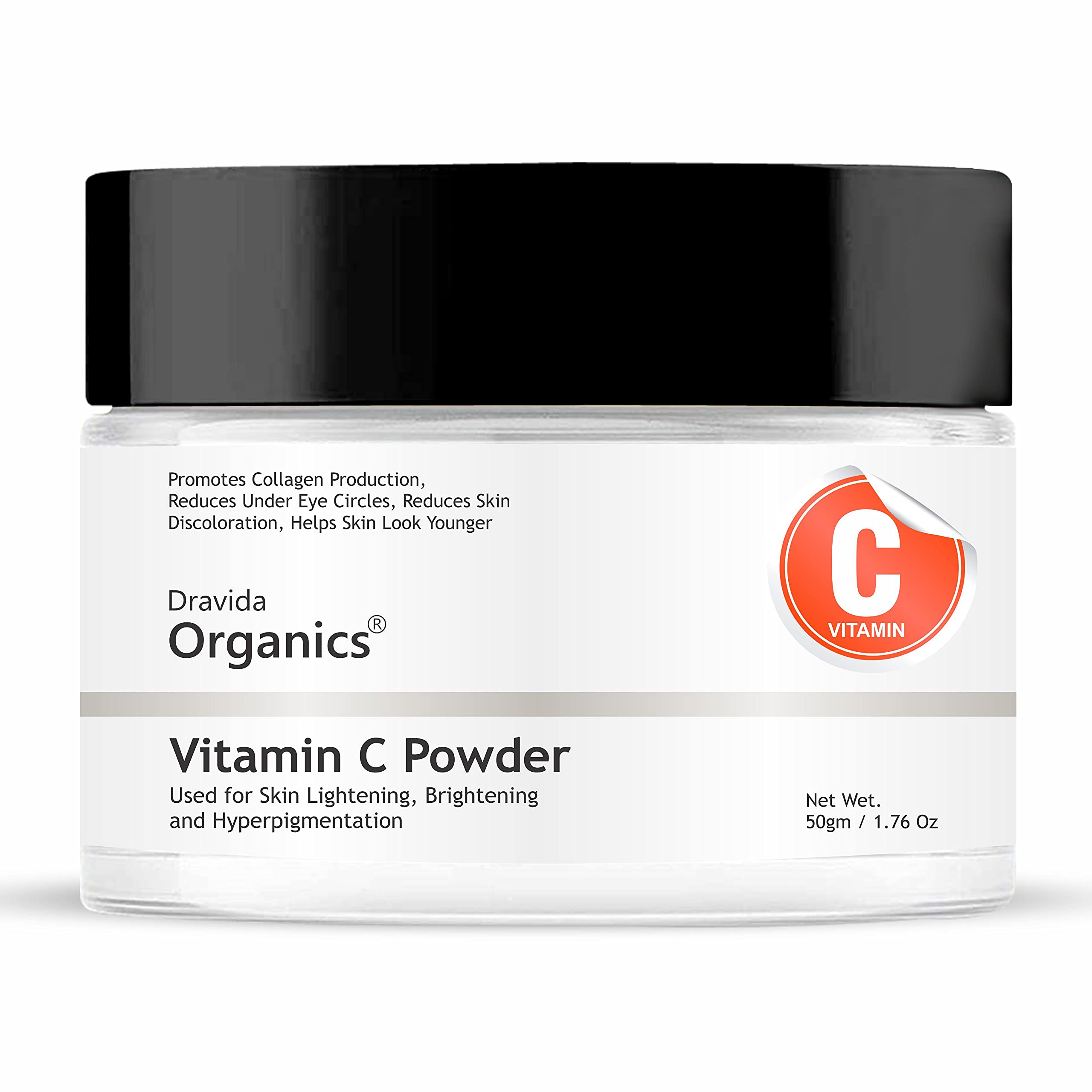 Dravida Organics Pure L-Ascorbic Acid Vitamin C Powder (50g) - Skin Brightening Serum & DIY Cosmetic Formulations - Perfect for Anti-Aging, Dark Spot Treatment & Glowing Skin Care Routine