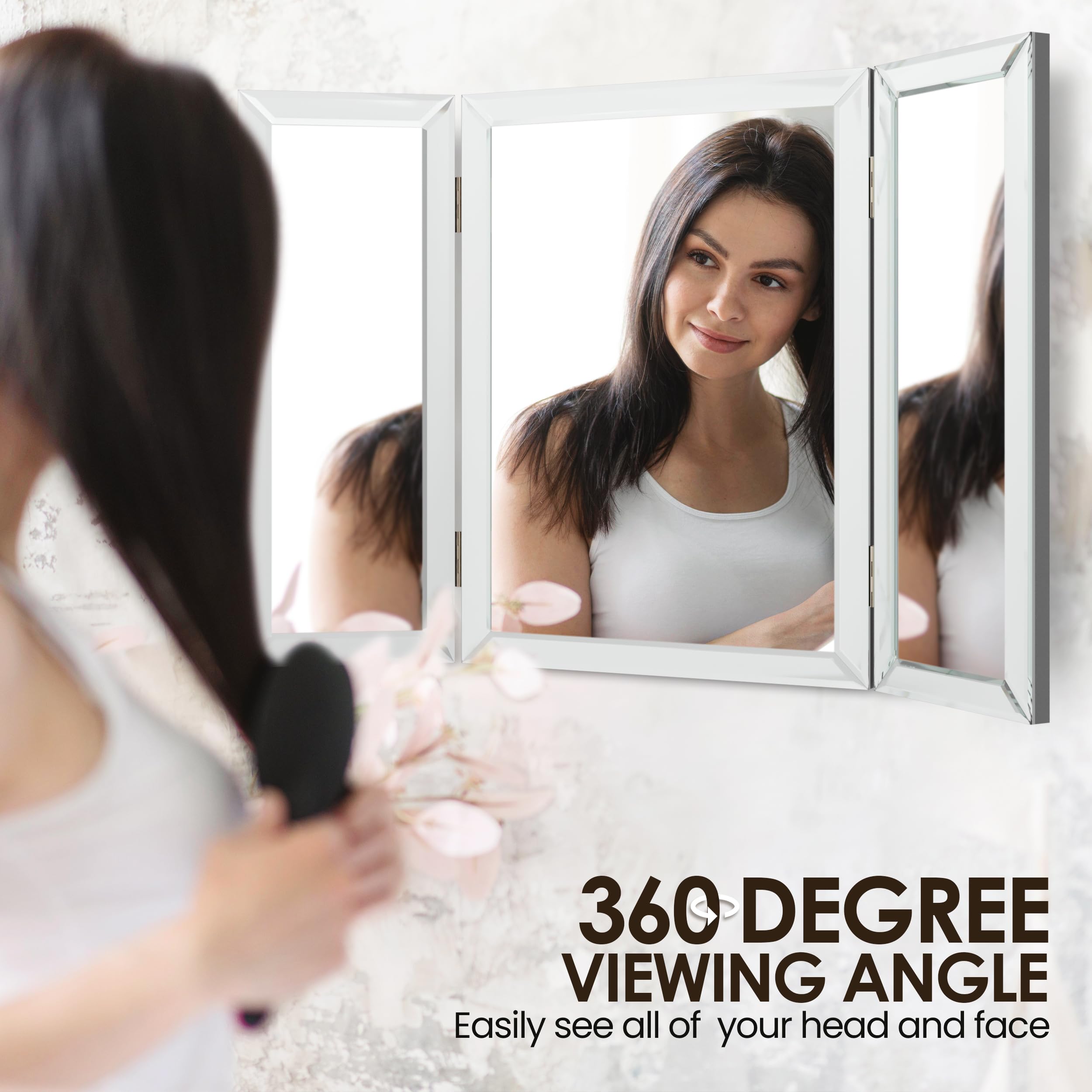 3-Way Trifold Mirror - 21 x 31 Inch 3-Sided Vanity Mirror for Makeup, Hair Styling & Self Haircut - Portable Tabletop Folding Mirror for Bedroom, Bathroom & Salon Use