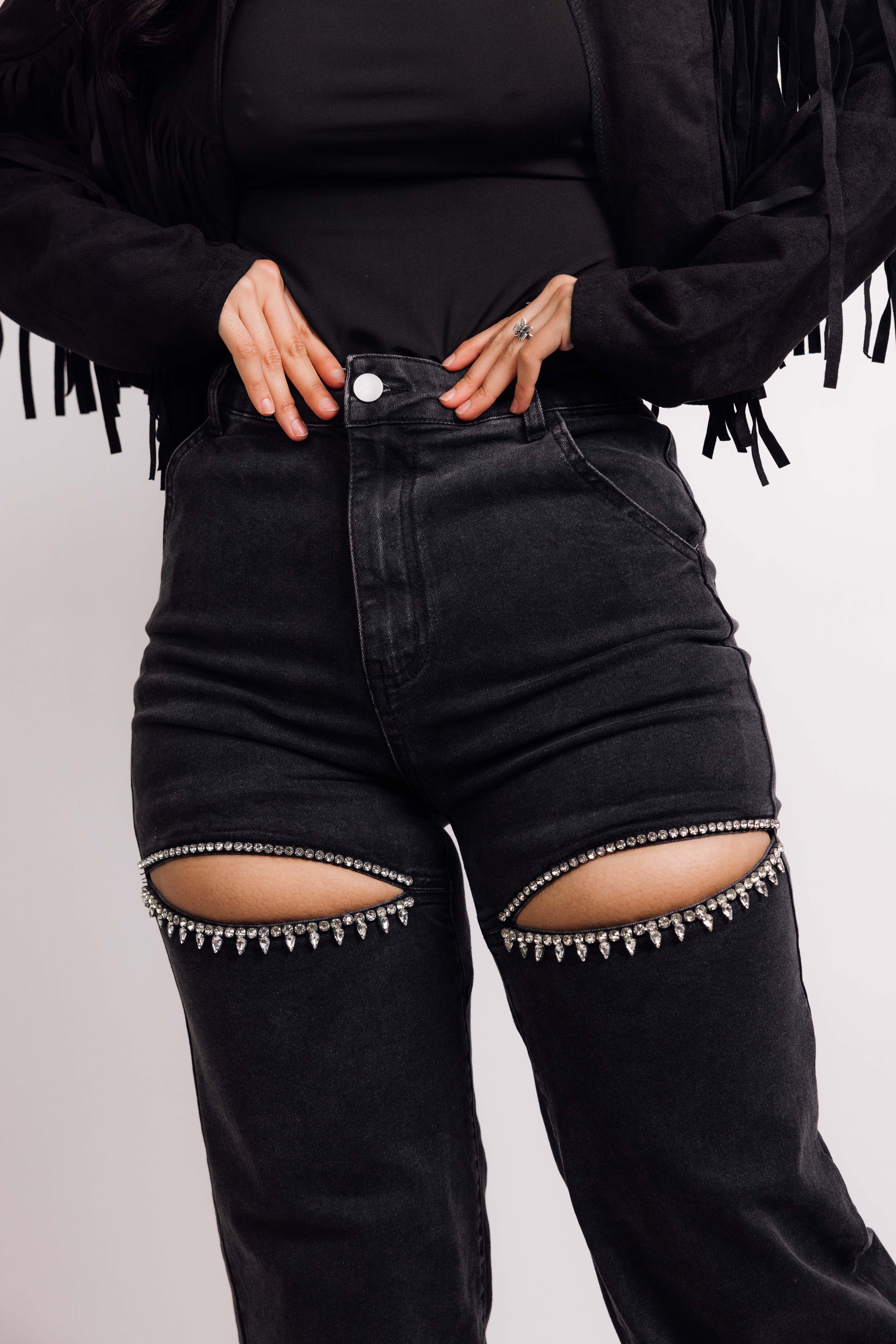 Stylish Washed Denim Rhinestone Cutout Jeans for Women - Trendy High Waist Skinny Jeans with Embellishments | Perfect for Night Out, Party & Casual Wear