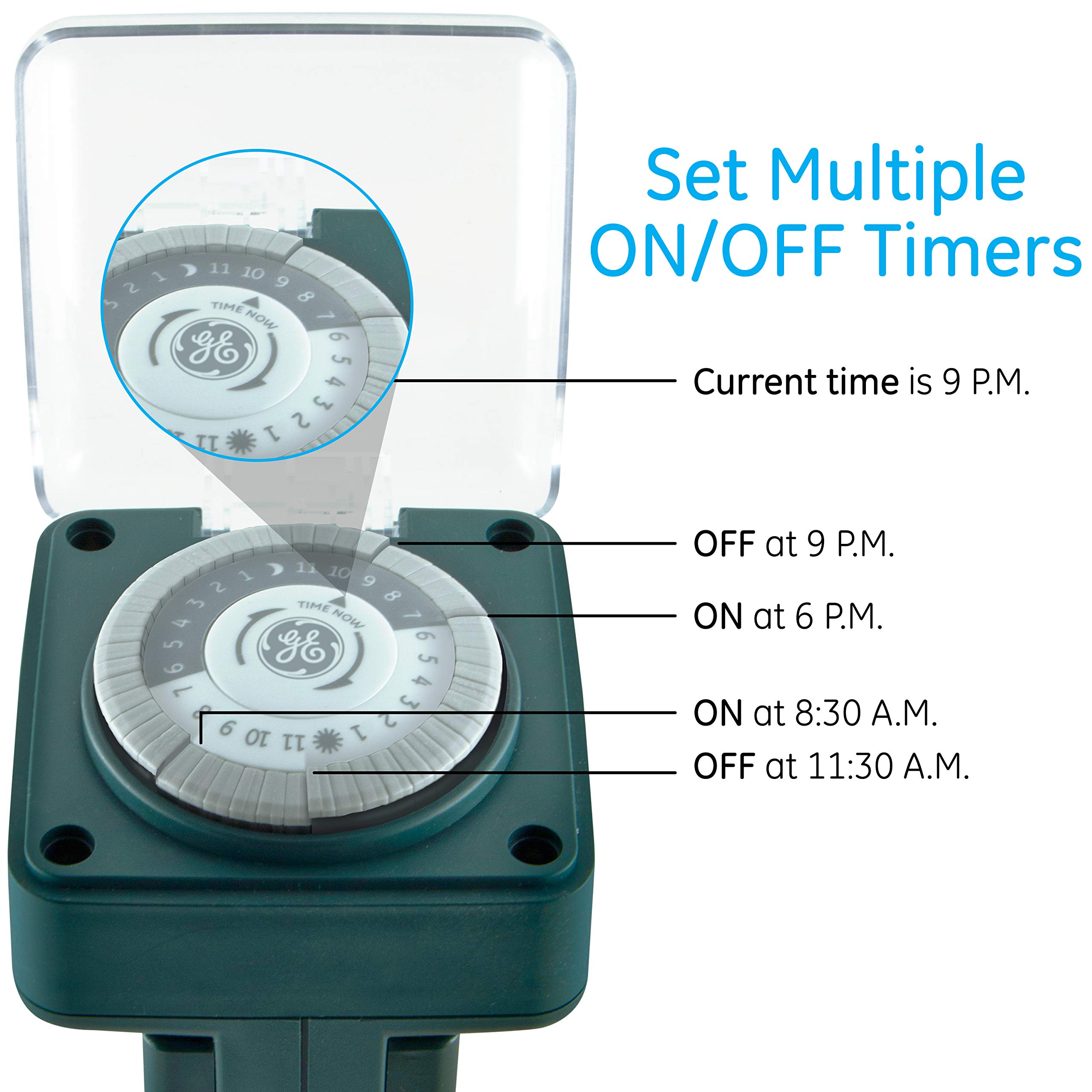 GE Outdoor 6-Outlet Mechanical Timer Stake - 24-Hour Programmable with 30-Minute Intervals, 120VAC Weatherproof Power Timer for Landscape Lighting, Holiday Decorations & Garden Equipment (Green, Model 29972) - Perfect for Patio Lights, Christmas Decor & Watering Systems