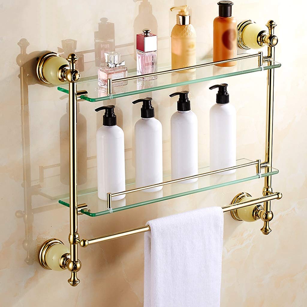 Premium Double Glass Bathroom Shelves - Waterproof Shower Storage Rack with Towel Holder | Rust-Resistant & Easy to Clean | Perfect for Organizing Cosmetics, Toiletries & Kitchen Spices | Ideal for Bathroom, Shower & Kitchen Storage Solutions