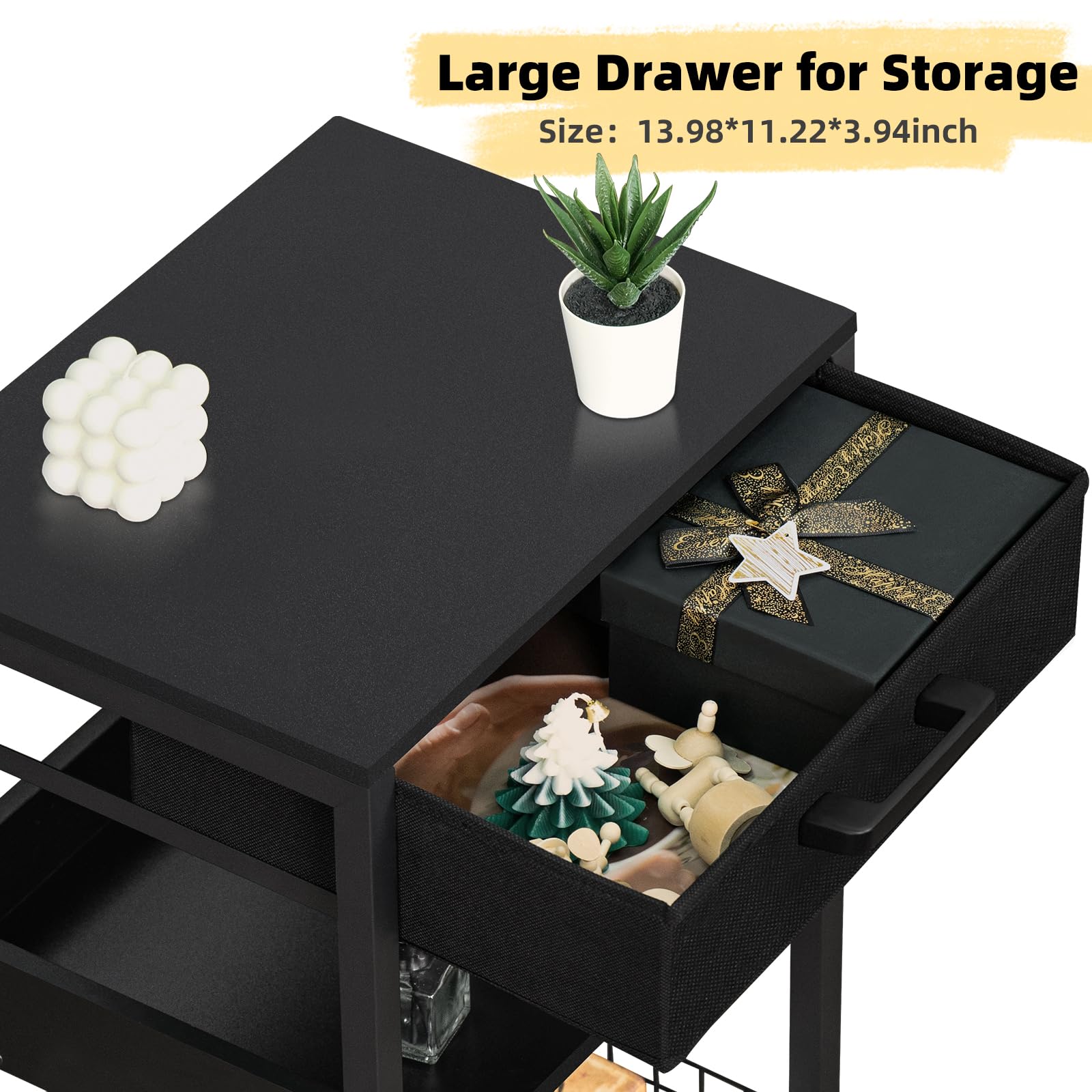 Lerliuo 3-Tier Industrial Printer Stand with Fabric Drawer - Pure Black Wooden Printer Table with Storage Shelf, Modern Tall End Table & Nightstand for Home Office - Perfect for Scanner, Fax Machine & Small Spaces Organization