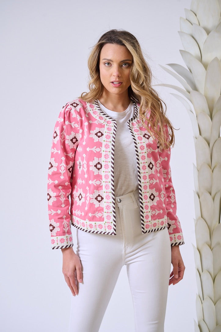 Rosy Pink Embroidered Jacket for Women - Stylish Outerwear for Spring & Fall Fashion | Perfect for Casual Outings, Date Nights & Office Wear