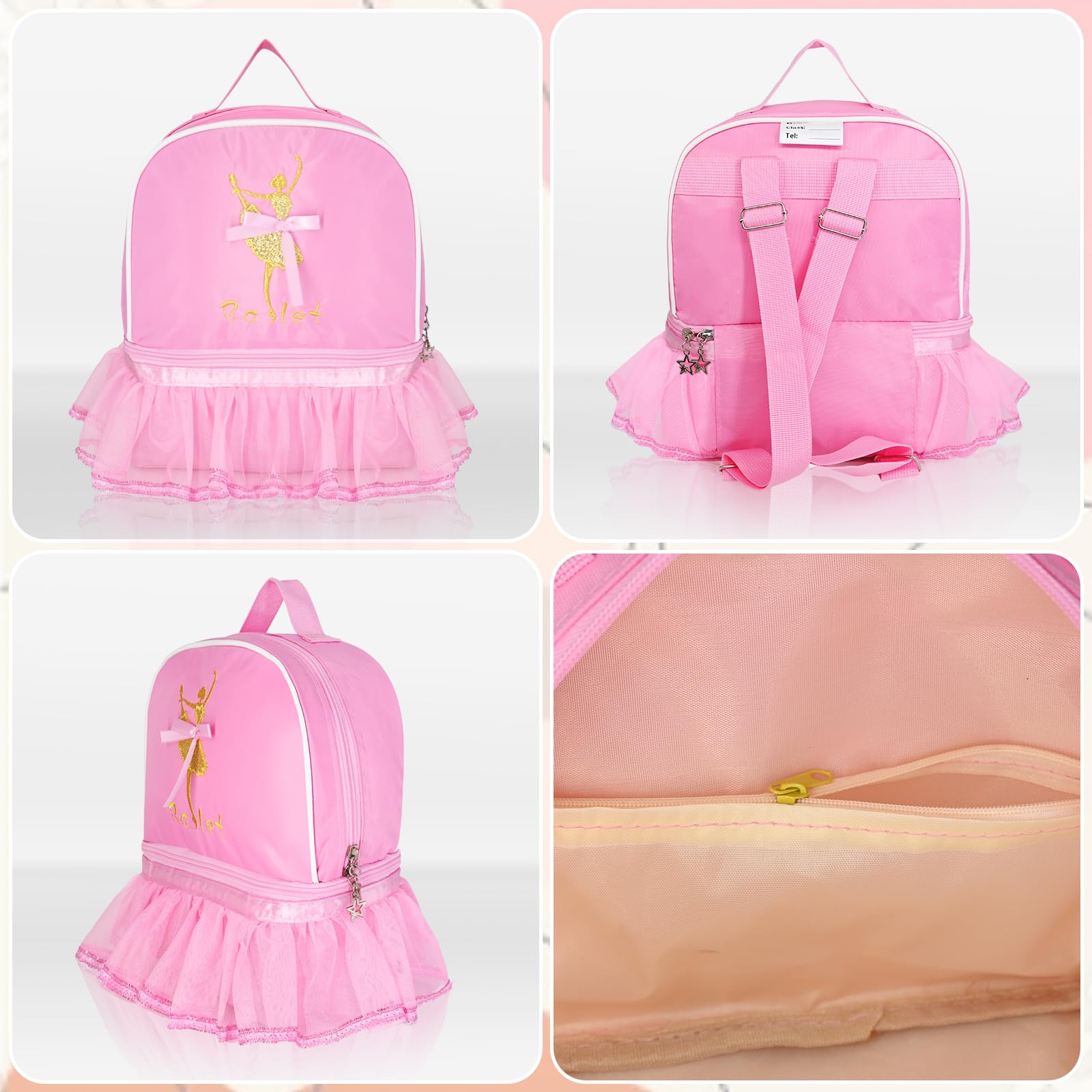 **KingBig Cute Dance Backpack Ballet Bag Kit for Girls - Personalized Waterproof Dance Bag with Key Chain & Plush Hanging Pink Ball - Perfect for Ballet Class, Dance Practice & School**