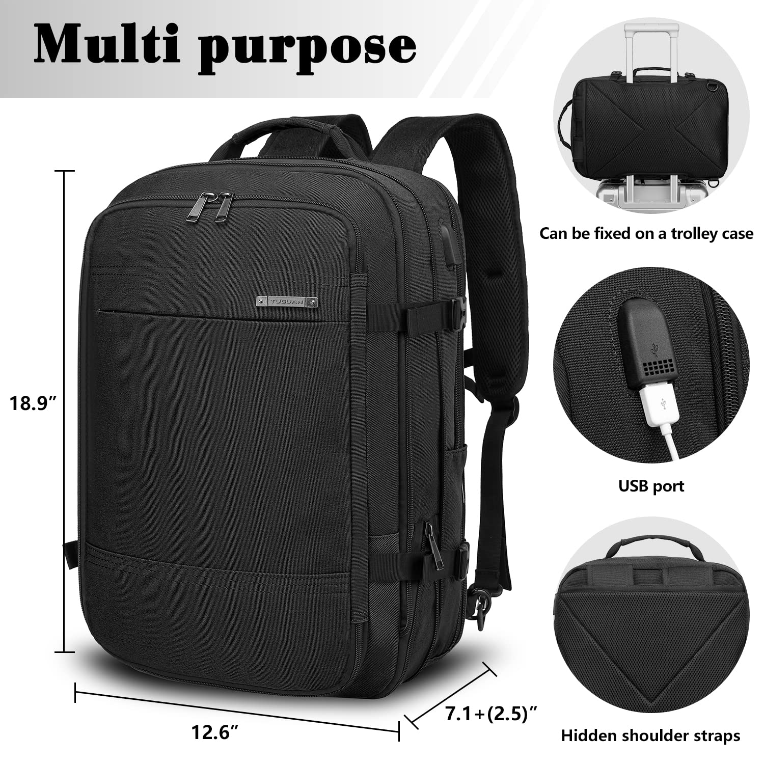 TUGUAN 17 Inch Expandable Laptop Backpack 36L with USB Charging Port - Black Business Backpack for Men & Women, Ideal for Work, Commuting, and Travel