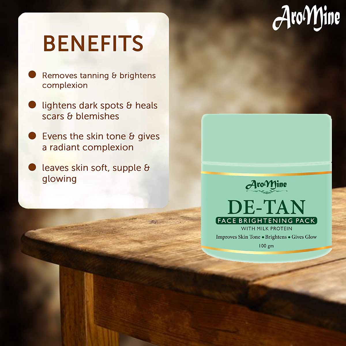 AroMine DeTan Face Pack - Skin Brightening & Tan Removal Face Mask for Glowing Skin | Oil Control, Acne Treatment, Pigmentation Reduction | Brightening Facial Mask for Women & Men (100g) - Perfect for Daily Skincare Routine & Post-Sun Care