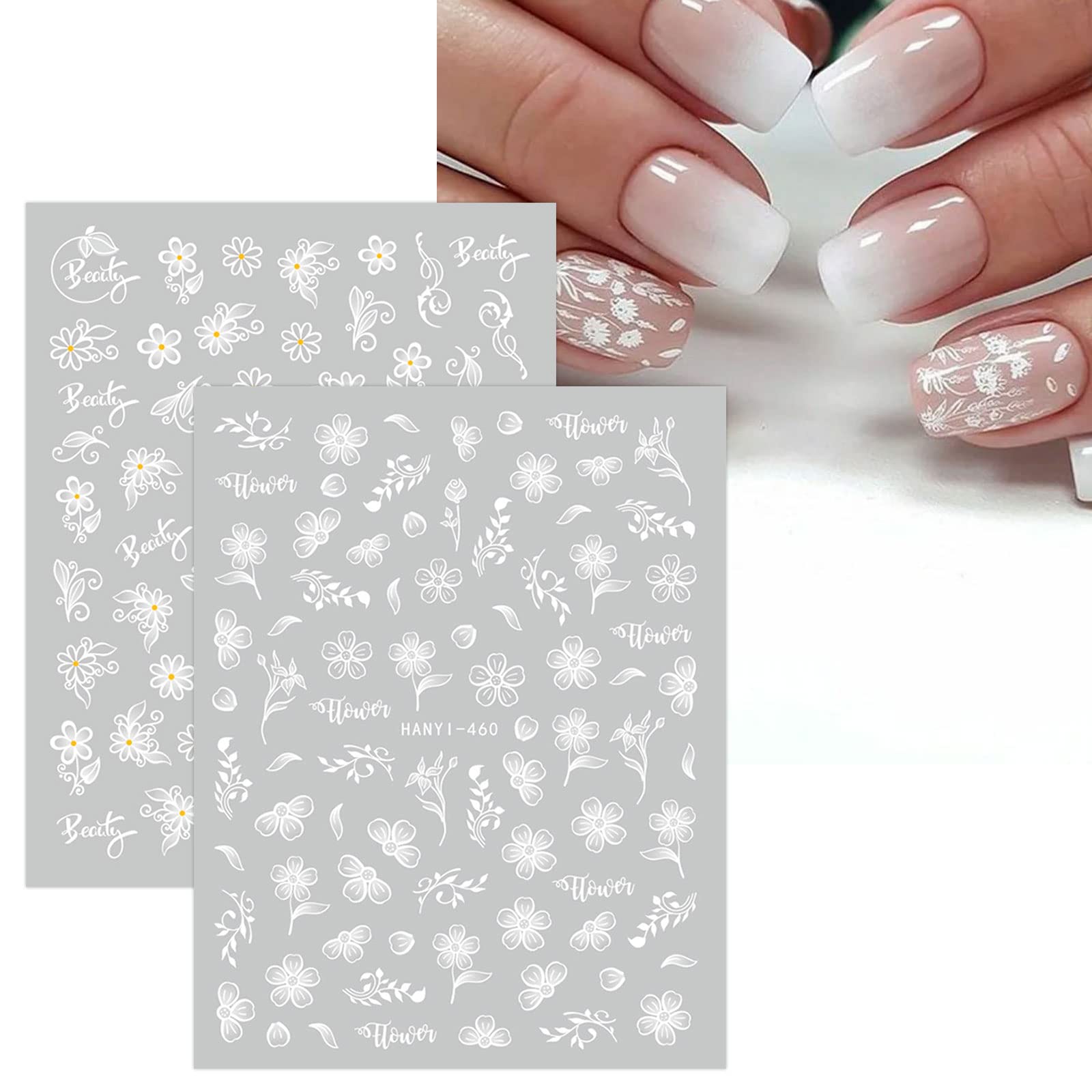 JMEOWIO 12 Sheets Spring White Flower Nail Stickers - Self-Adhesive Nail Art Decals with Butterfly & Leaf Designs - Floral Nail Supplies for DIY Manicure & Nail Decoration - Perfect for Summer, Bridal, Party & Salon Use