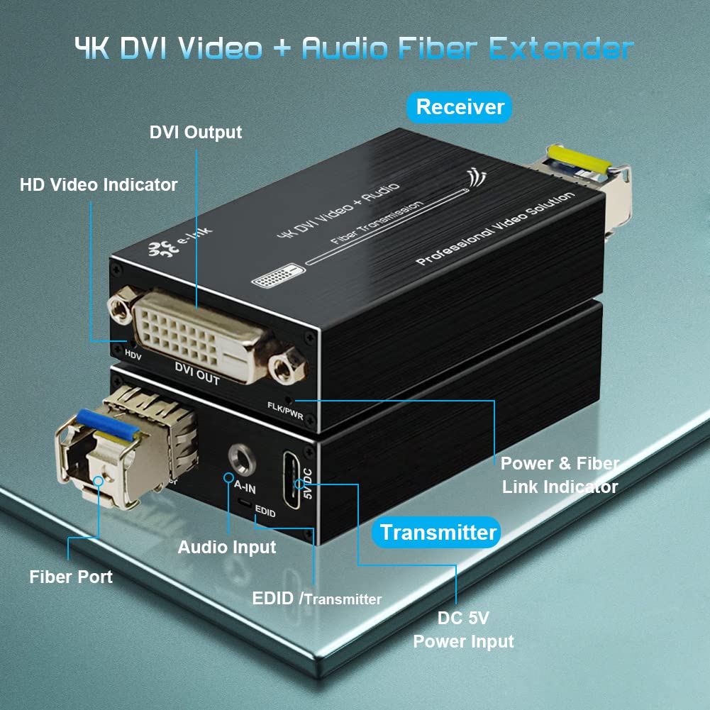 4K DVI Fiber Extender - Ultra HD DVI to Fiber Optic Converter, 20km Single-Mode DVI Video Transmitter with External Stereo Audio Support - Perfect for Long-Distance Digital Signage, Conference Rooms & Industrial Video Transmission