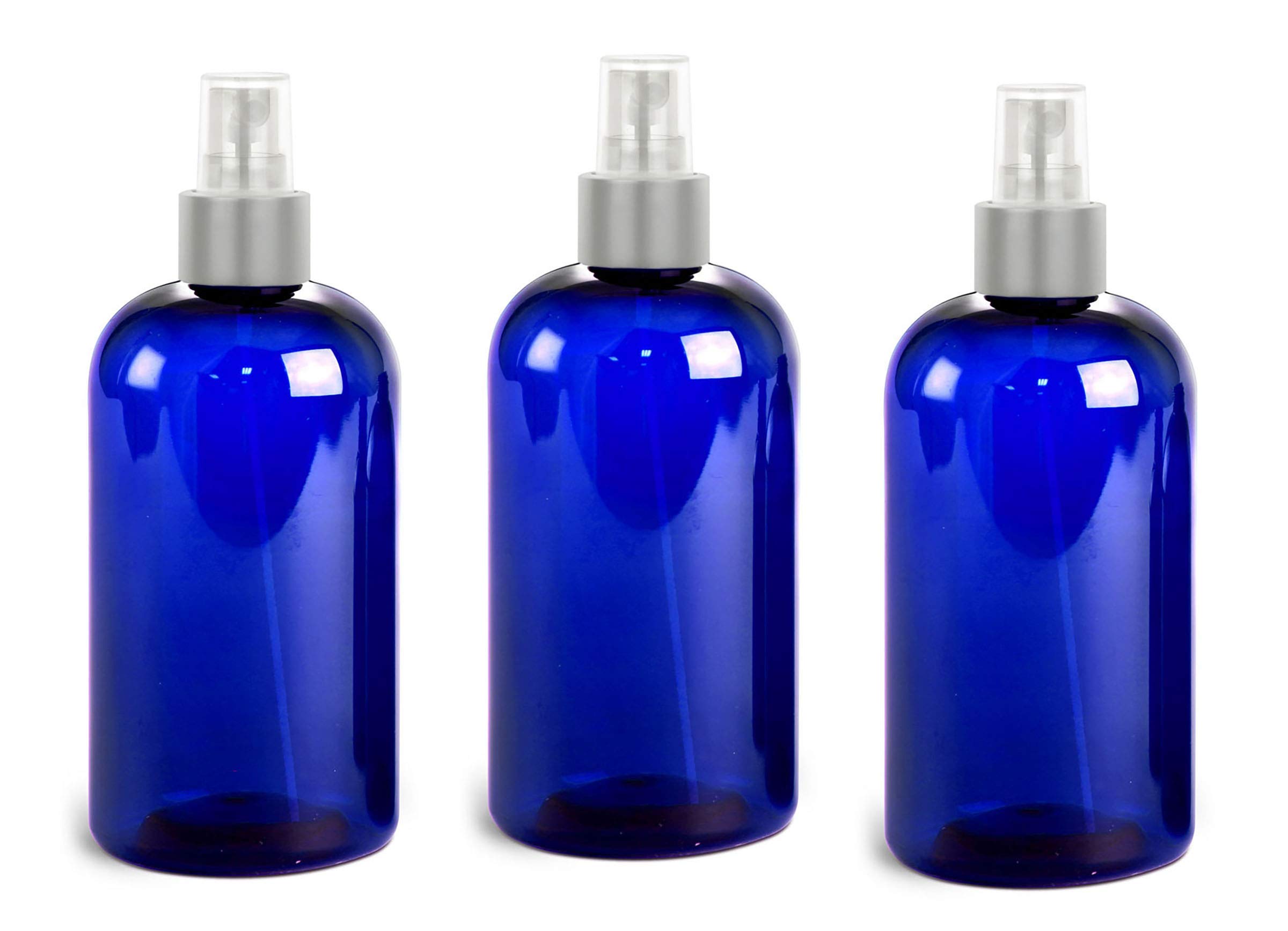 8 Oz Empty Blue Plastic Fine Mist Spray Bottles with Matte Silver Pumps - Refillable & Reusable for Perfume, Cologne, Hair Products, Body Mist, Linen & Kitchen Use - Unbreakable Dispensing Bottle for Travel, Home & Salon