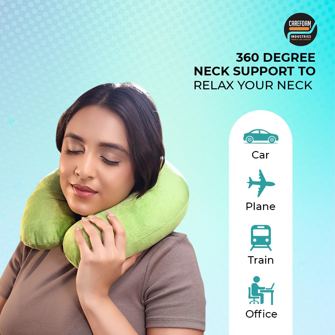 CareFoam Memory Foam Neck Pillow for Travel - Ergonomic Support for Airplane, Car & Train Sleeping - Lightweight Travel Pillow with Premium Velvet Cover for Men & Women (Green) - Perfect for Long Flights, Road Trips & Commuting