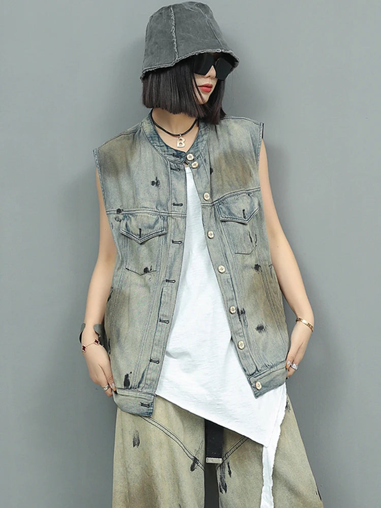 Women's Big Size Denim Vest & Wide Leg Pants Two Piece Suit - Round Neck Sleeveless Fashion Outfit for Spring & Autumn 2025 | Casual Streetwear, Office Chic & Weekend Outings | Style Code 1DJ0966