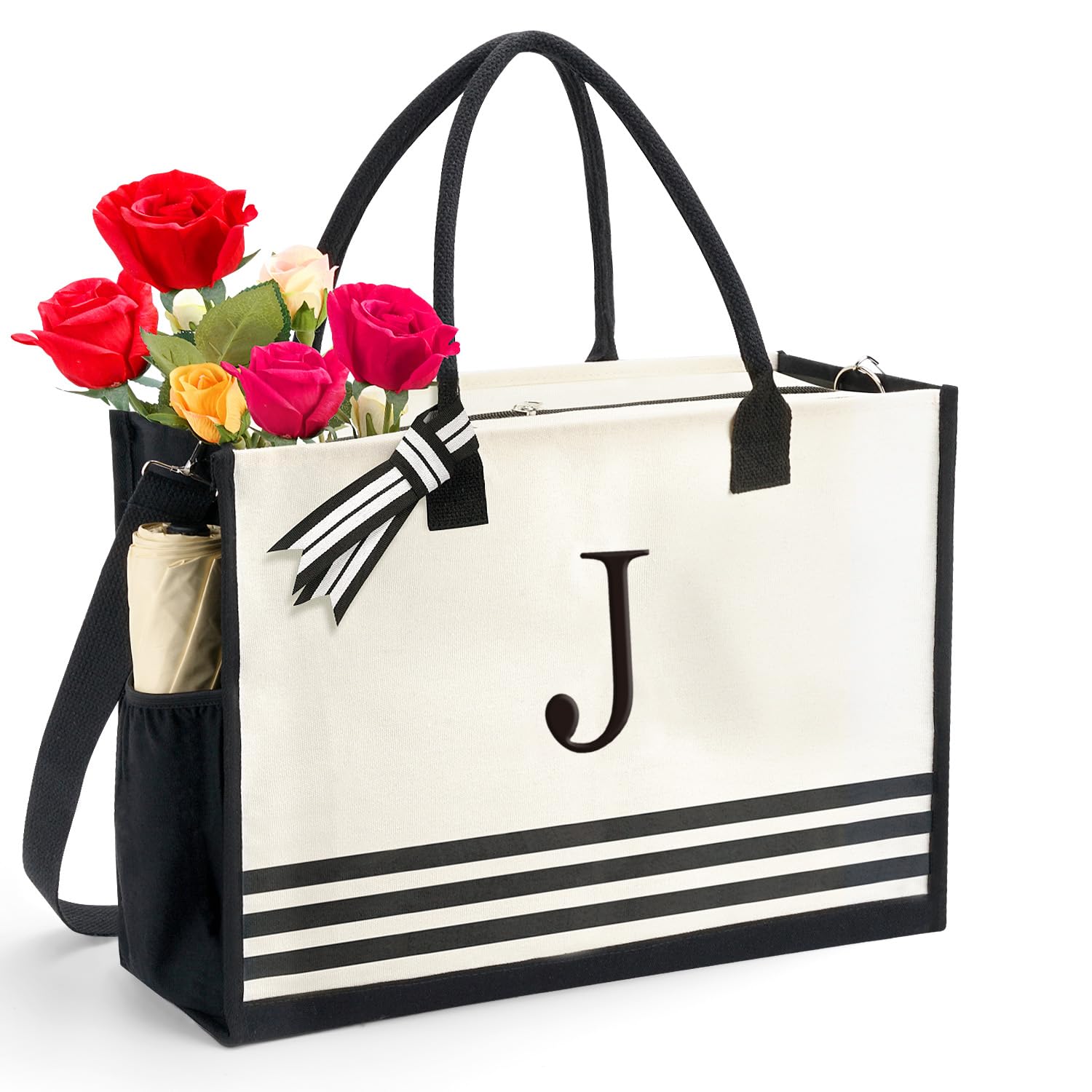 Personalized Monogram Canvas Tote Bag for Women - Custom Initial Beach Tote - Perfect Teacher Gift, Birthday Present & Graduation Gift Idea - Great for Shopping, Work, Travel & Beach Day