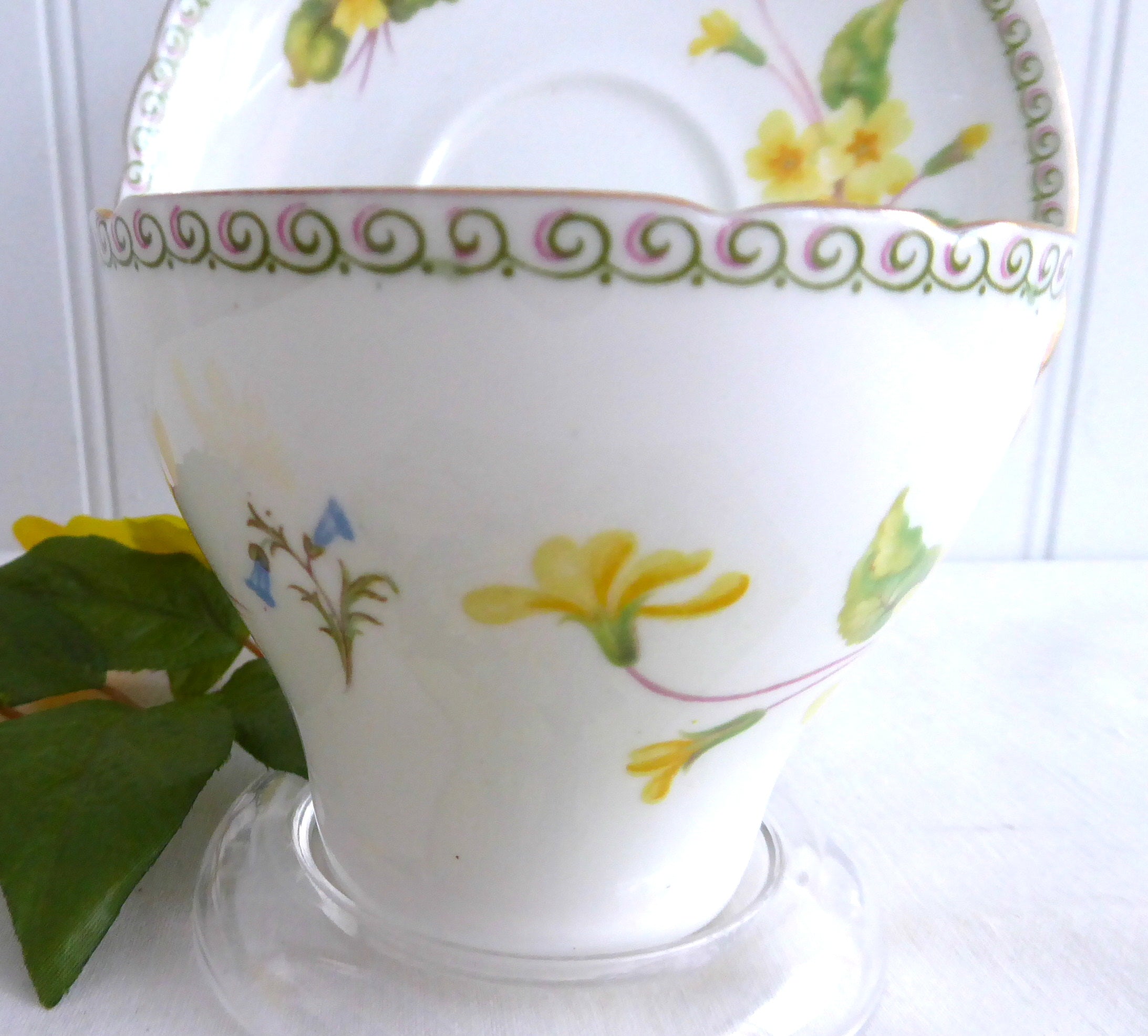 Vintage Shelley Primrose Cambridge Cup and Saucer Set with Green Handle & Gold Trim - 1950s English Fine China for Afternoon Tea & Collectible Display