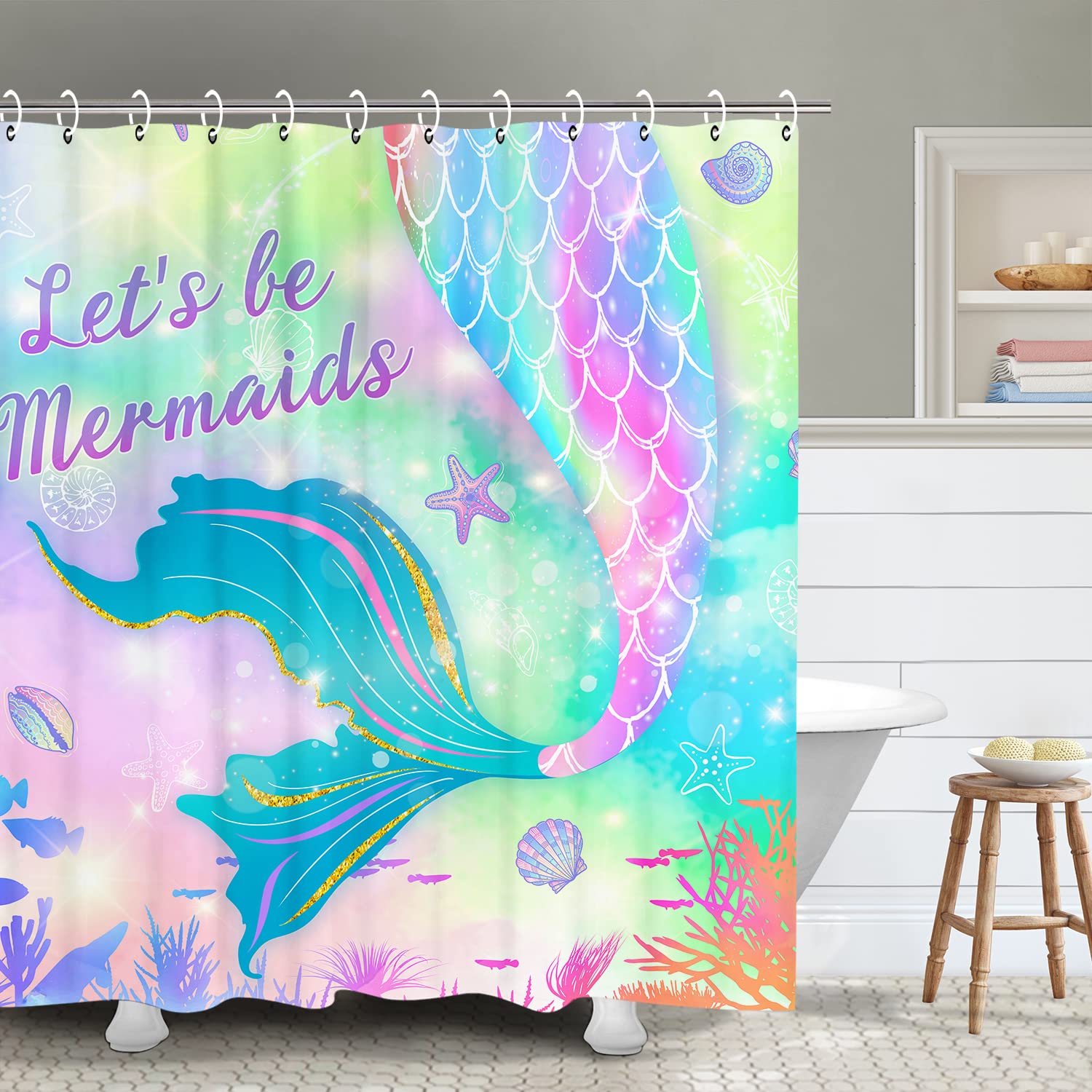 RosieLily Mermaid Shower Curtain - Waterproof 72 Inch Ocean Theme Bathroom Decor with 12 Hooks, Kids Mermaid Tail Fish Scale Design for Girls' Bathroom | Perfect for Beach Themed Bathrooms & Underwater Fantasy Decor