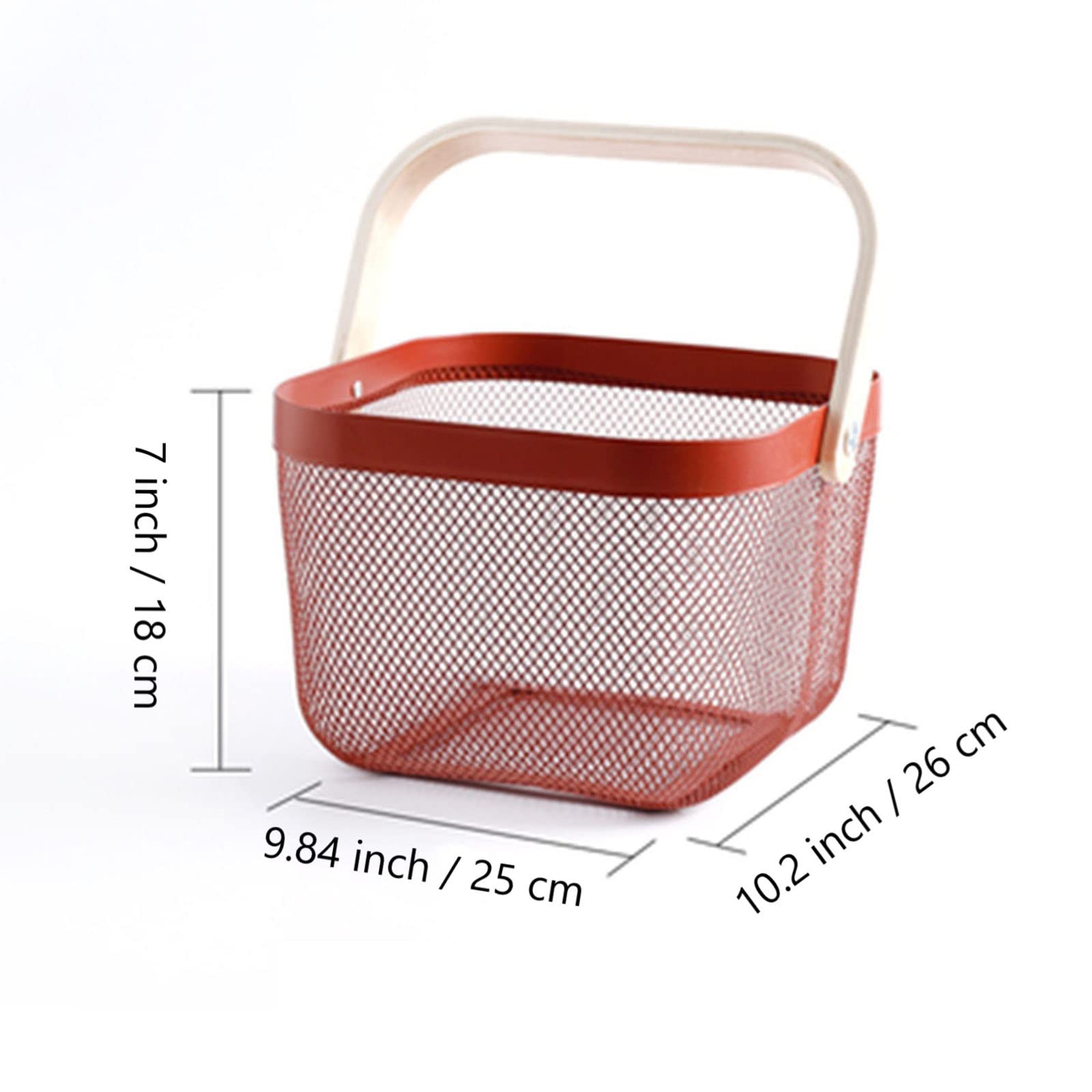 Stainless Steel Mesh Storage Basket with Bamboo Handle - Multi-Purpose Organizer for Kitchen, Bathroom, Picnic & Home Decor - Perfect for Fruits, Vegetables, Groceries & Household Items (Red)
