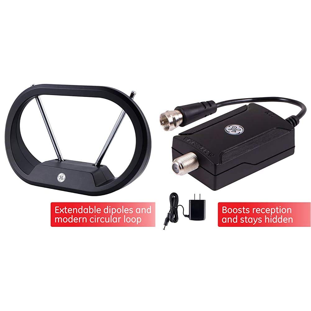 GE UltraPro Indoor Digital TV Antenna 33675 with Amplifier 42178 - HD Reception for Local Channels, 4K & 8K Ready - Perfect for Home, Apartment & RV Use