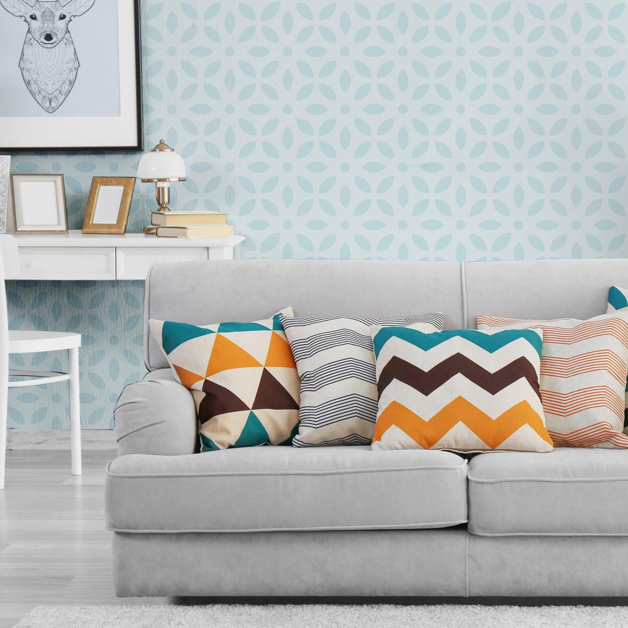 Blue Floral Geometric Peel and Stick Removable Wallpaper - Self-Adhesive Decorative Wall Covering for Bedroom, Living Room, Nursery & Office Decor