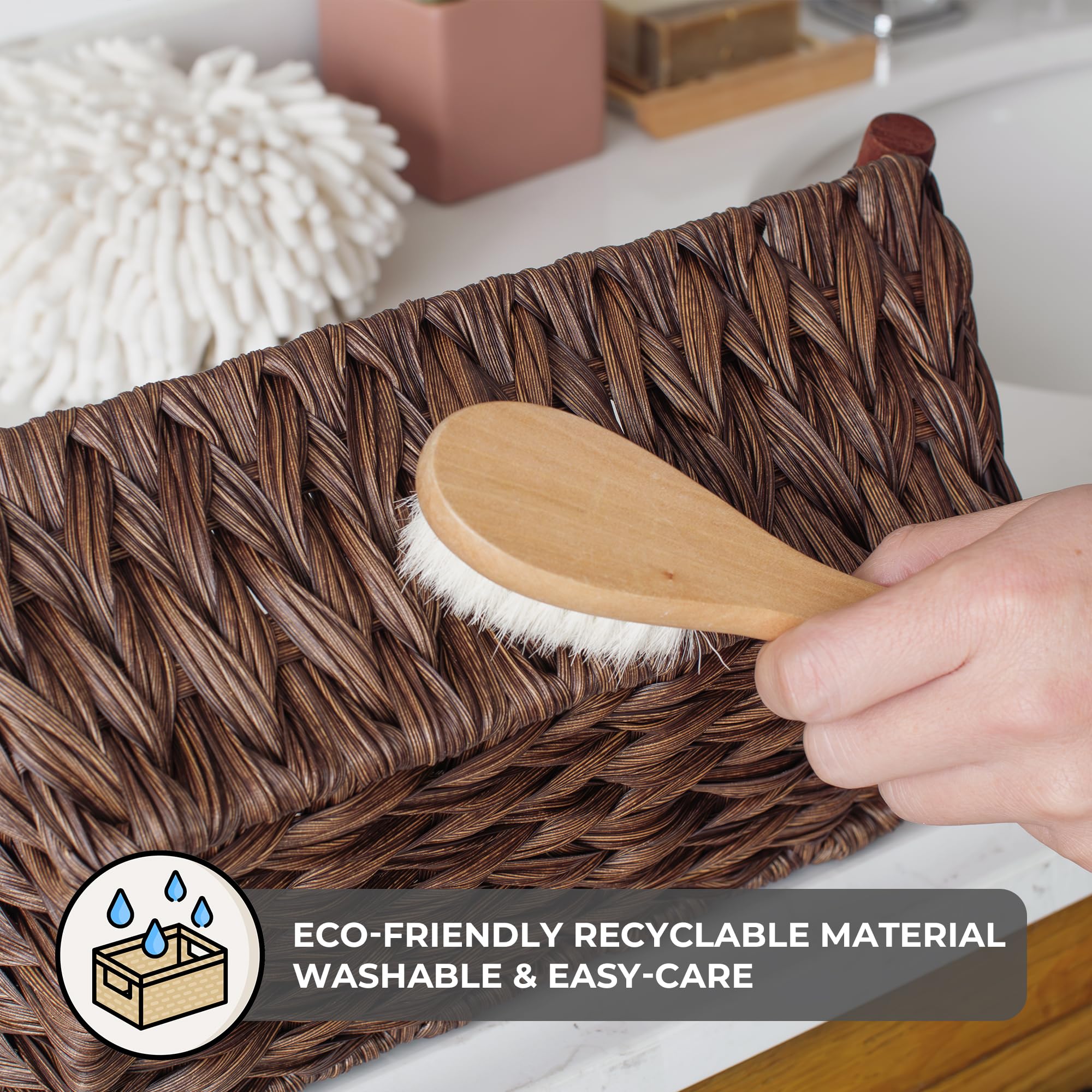 Waterproof Wicker Storage Baskets with Handles - 2-Pack Brown Woven Storage Bins for Pantry Organization, Home Decor & Laundry Room Storage | Durable & Stylish Home Storage Solution