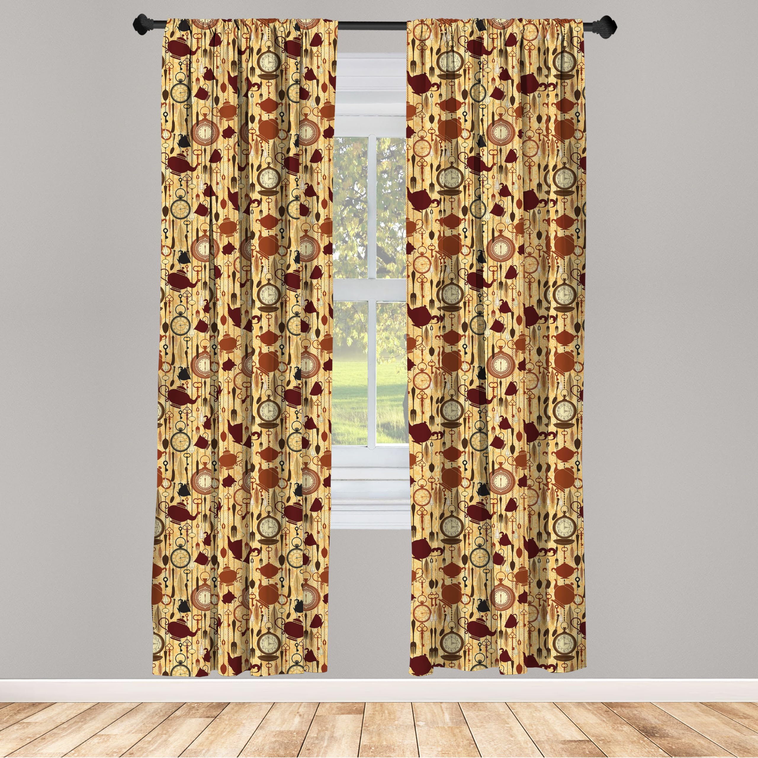Ambesonne Victorian Style Tea Party Curtains - 2 Panel Set with Teacup, Forks & Spoons Print, 28