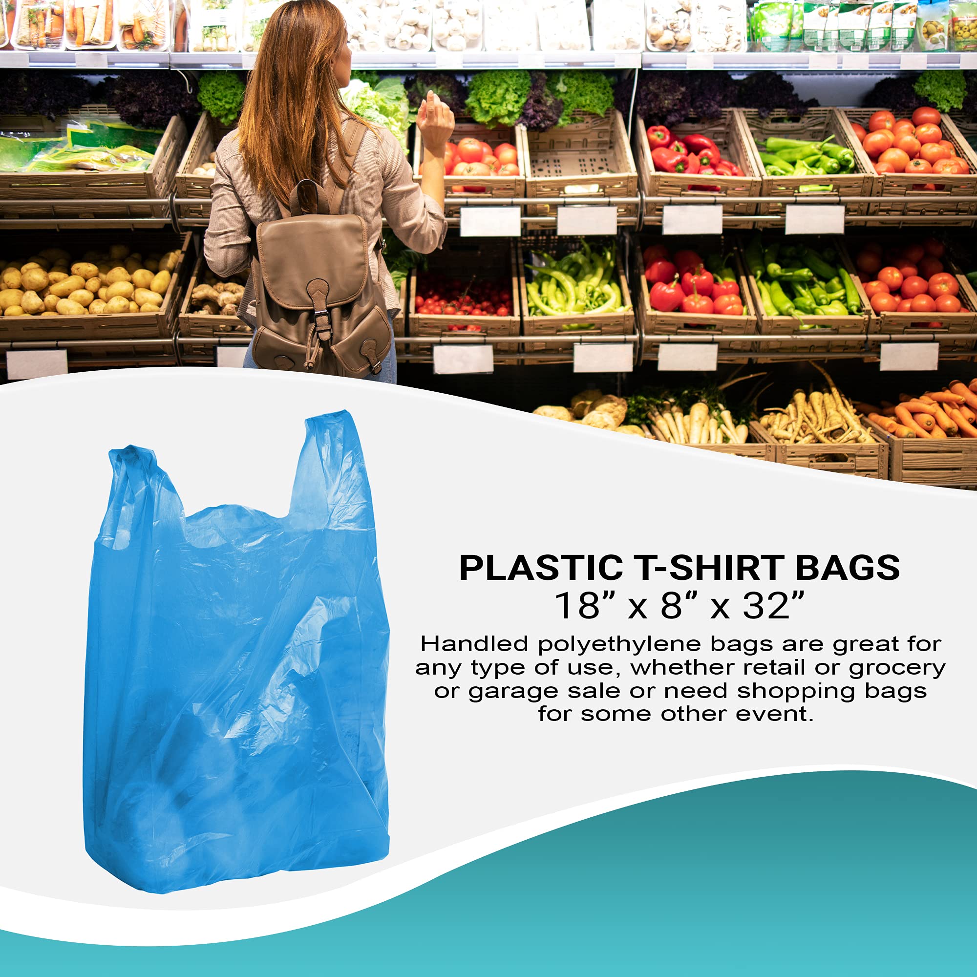 400 Pack Blue T-Shirt Bags 18x8x32 Inches - Heavy Duty HDPE Plastic Shopping Bags with Handles, Unprinted, Reusable & Recyclable - Perfect for Retail Stores, Grocery Shops, Restaurants & Farmers Markets