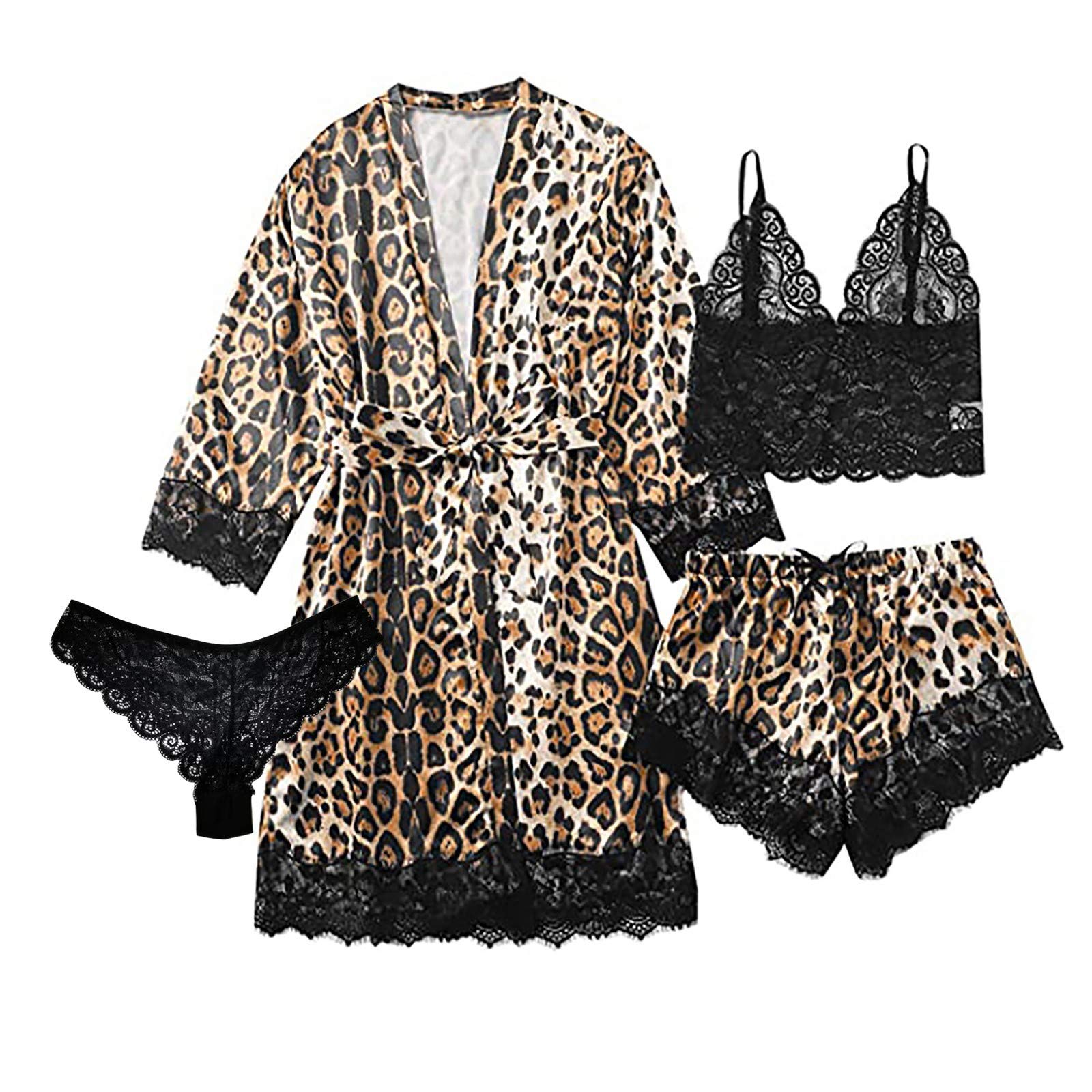 Maryia Women's Sexy Lace Leopard Print 4-Piece Nightgown Set - Silk Satin Cami & Kimono Pajamas for Bridesmaid, Wedding Nightwear, Boudoir & Romantic Occasions