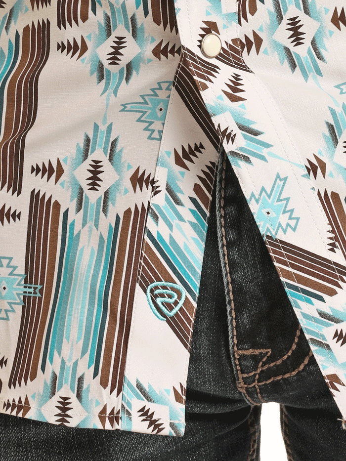 Rock & Roll Denim BMN2S03359 Men's Aztec Print Long Sleeve Snap Button Shirt Turquoise - Perfect for Casual Wear, Music Festivals & Western Style Outfits