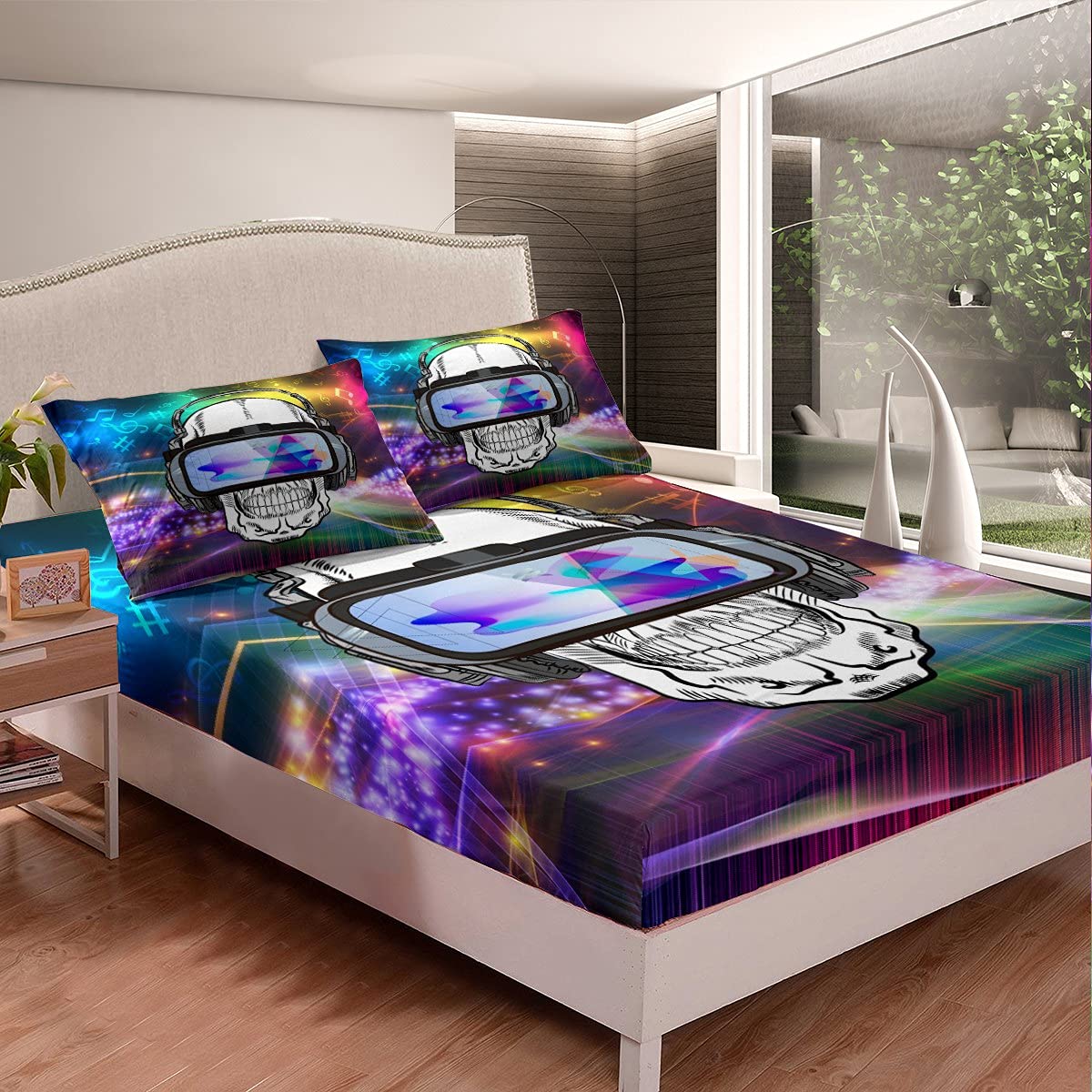 Erosebridal Sugar Skull Queen Size Fitted Sheet - Gothic Halloween Themed Bedding with Music Notes for Kids, Teens & Gamers | Perfect for Dorm Rooms, Themed Parties & Gothic Decor (No Flat Sheet Included)