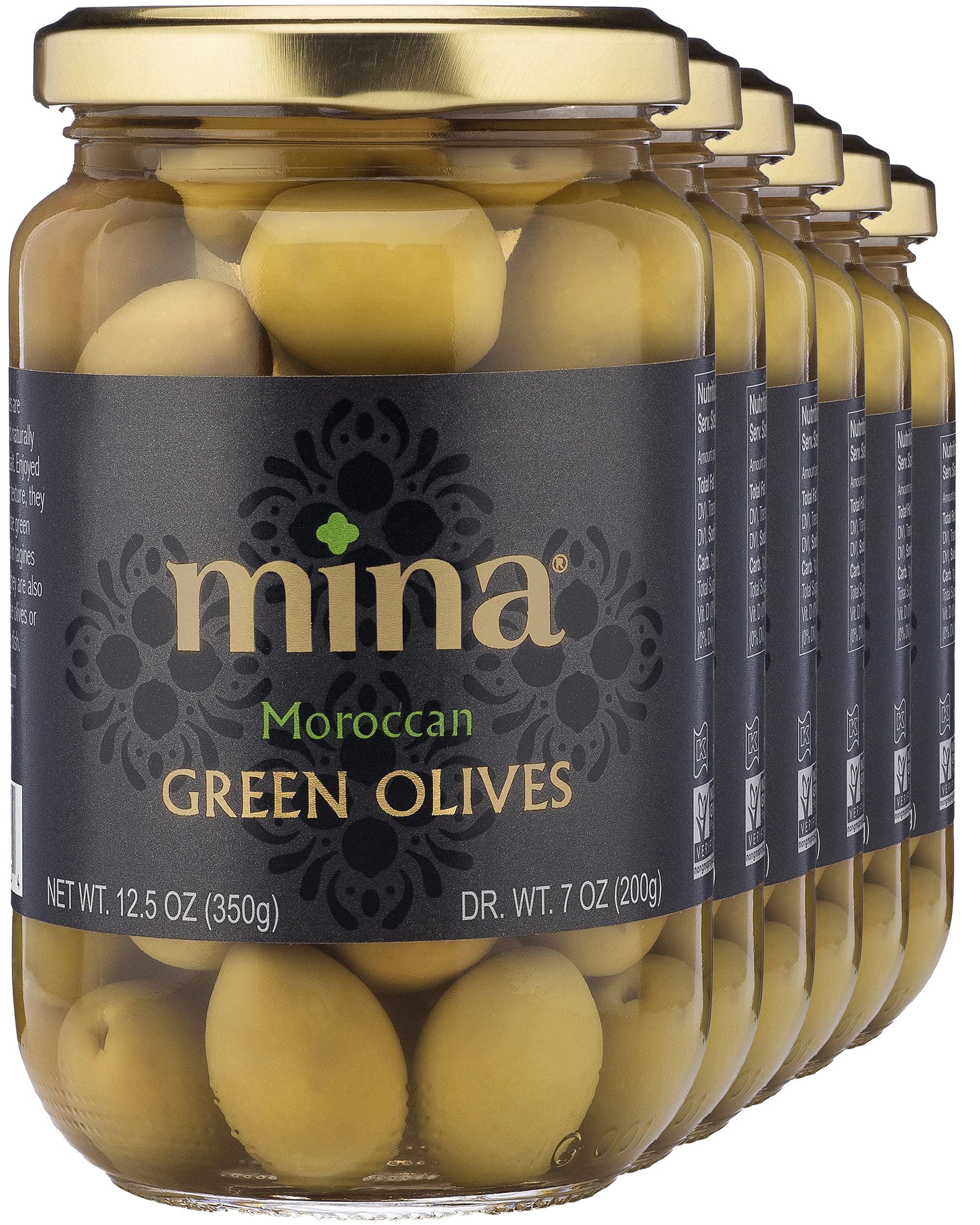 Premium Moroccan Green Olives - Hand Picked, Naturally Cured | 12.5 oz (Pack of 6) | Vegan, Gluten Free, Non-GMO, Keto & Paleo Friendly Snack | Perfect for Charcuterie Boards, Salads & Healthy Snacking