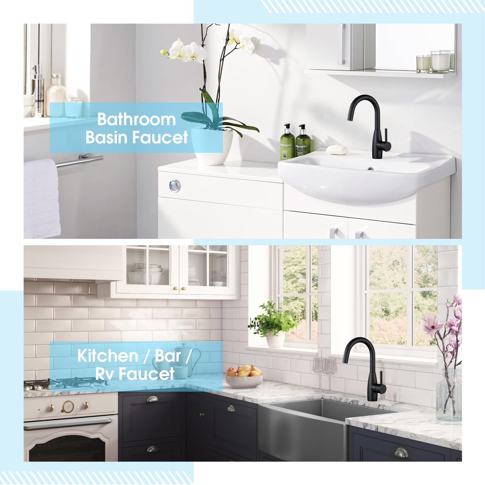 CREA Single Hole Black Bar Sink Faucet - Small Mini Bathroom & Kitchen Faucet with Deck Plate for Vanity, Vessel Sink, Farmhouse, RV Campers, Outdoor & Utility Use - Perfect for Wet Bar Prep Areas and Compact Spaces