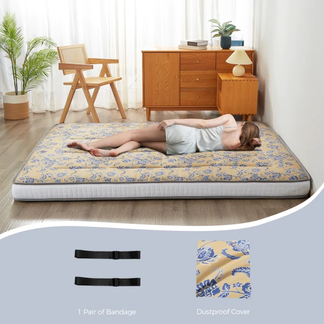 MAXYOYO Padded Japanese Floor Mattress - Floral Printed Futon Mattress & Folding Sleeping Pad for Guest Bed, Camping, Yoga & Meditation | Comfortable Floor Cushion for Small Spaces