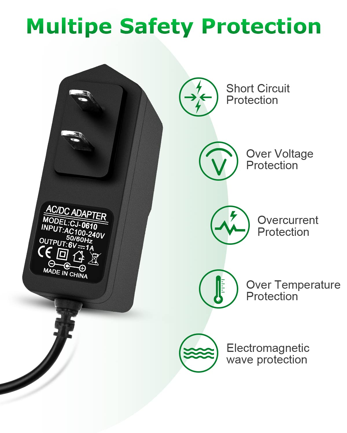 Arkare 6V 1A Power Adapter - AC 100V-240V to DC 6 Volt 1Amp Charger for Trash Can Doorbell, Alarm Monitor, Baby Swing, Electronic Scale, Radio & Speaker - Universal 6V Power Cord for Home & Office Electronics