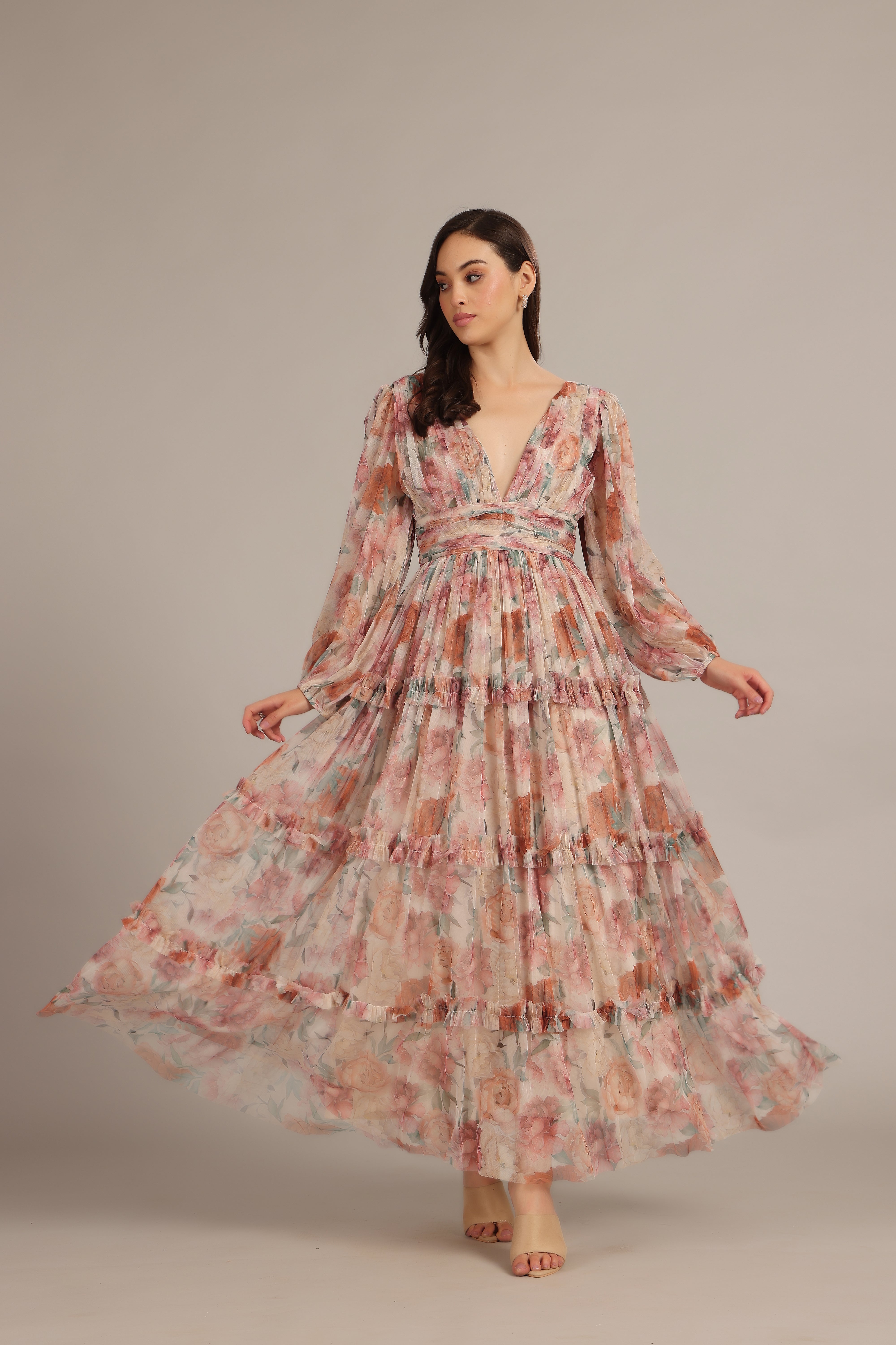 Lydia Maxi Dress - Light Brown Floral Print Women's Long Summer Dress for Beach, Vacation & Casual Wear