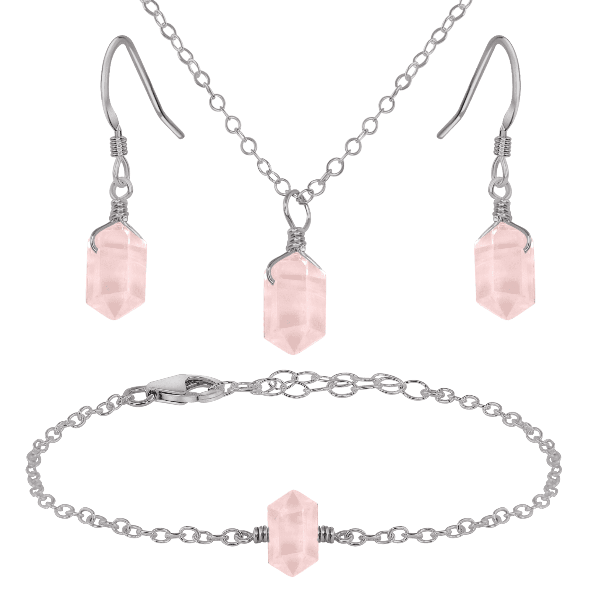 Rose Quartz Double Terminated Crystal Jewelry Set - Healing Stone Necklace & Earrings for Women - Perfect for Meditation, Energy Healing & Spiritual Gifts