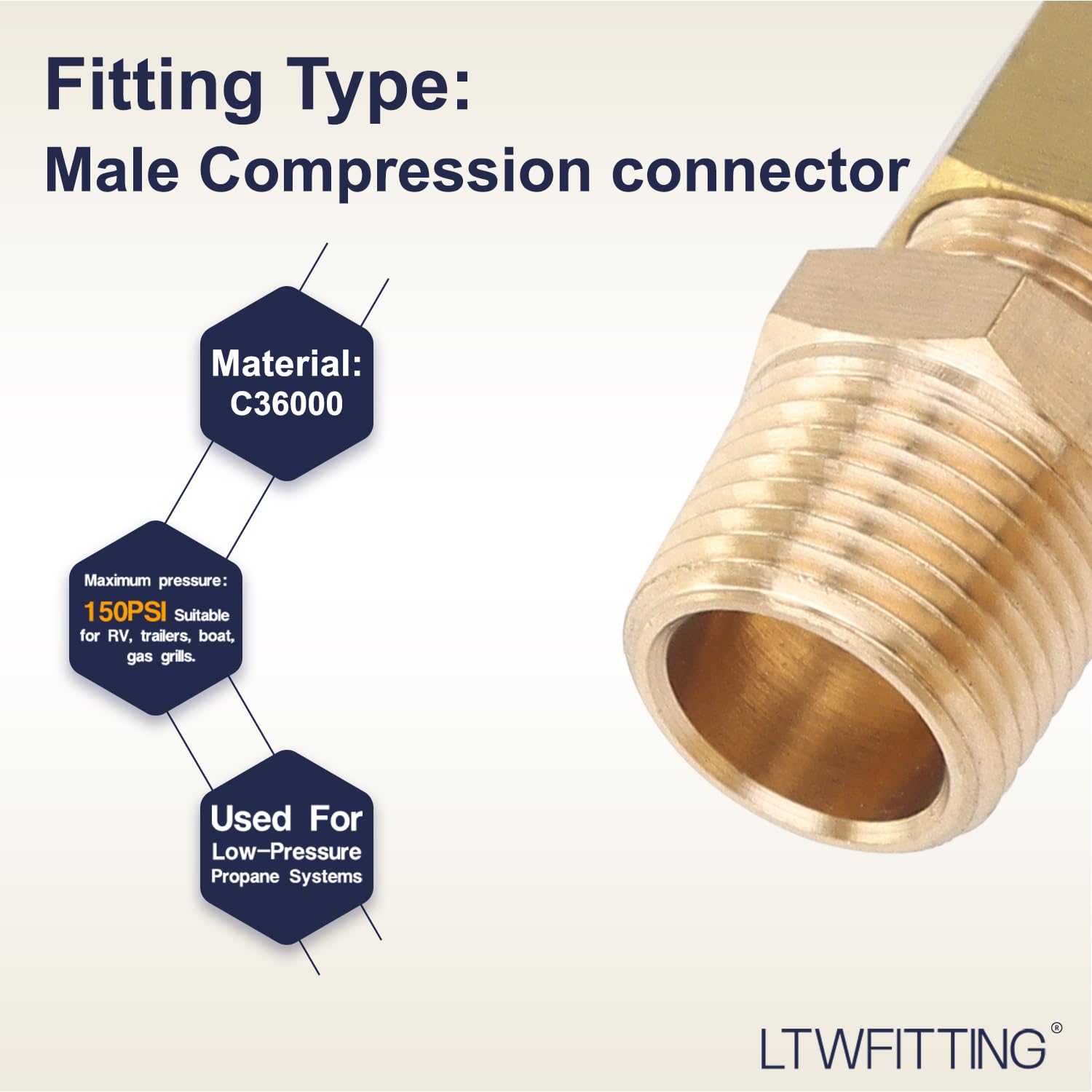 LTWFITTING Brass 5/16 OD x 3/8 Male NPT Compression Connector Fitting - Pack of 200 - High-Quality Brass Fittings for Plumbing, HVAC, and Industrial Applications - Perfect for Water, Gas, and Air Systems
