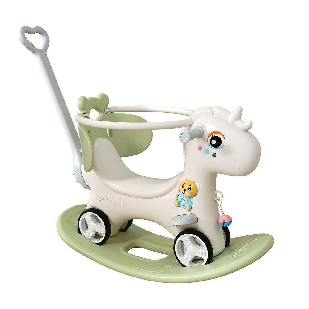 Wooden Rocking Horse for Toddlers - Balance Bike Ride-On Toy with Push Handle & Backrest - Safe & Stable Balance Board - Perfect Birthday Gift for Kids (Green) - Indoor & Outdoor Play, Nursery Decor, Early Childhood Development