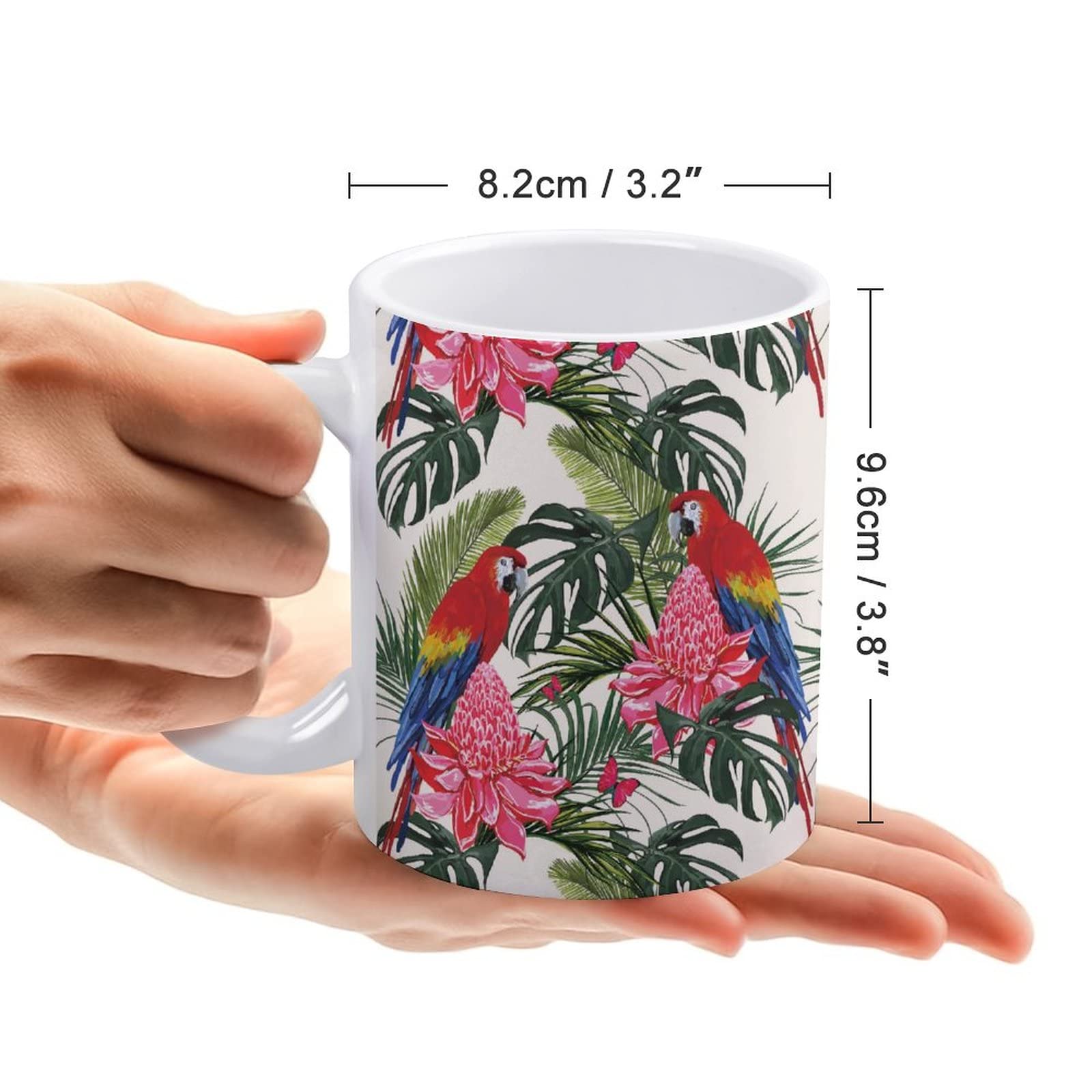 11 Oz White Ceramic Coffee Mug with Tropical Palm Leaves, Parrot, Hibiscus & Butterfly Design - Perfect for Tea, Coffee, Milk, Juice - Great Gift for Mom, Dad, Daughter, Son - Ideal for Home, Office, Party & Cafe Use