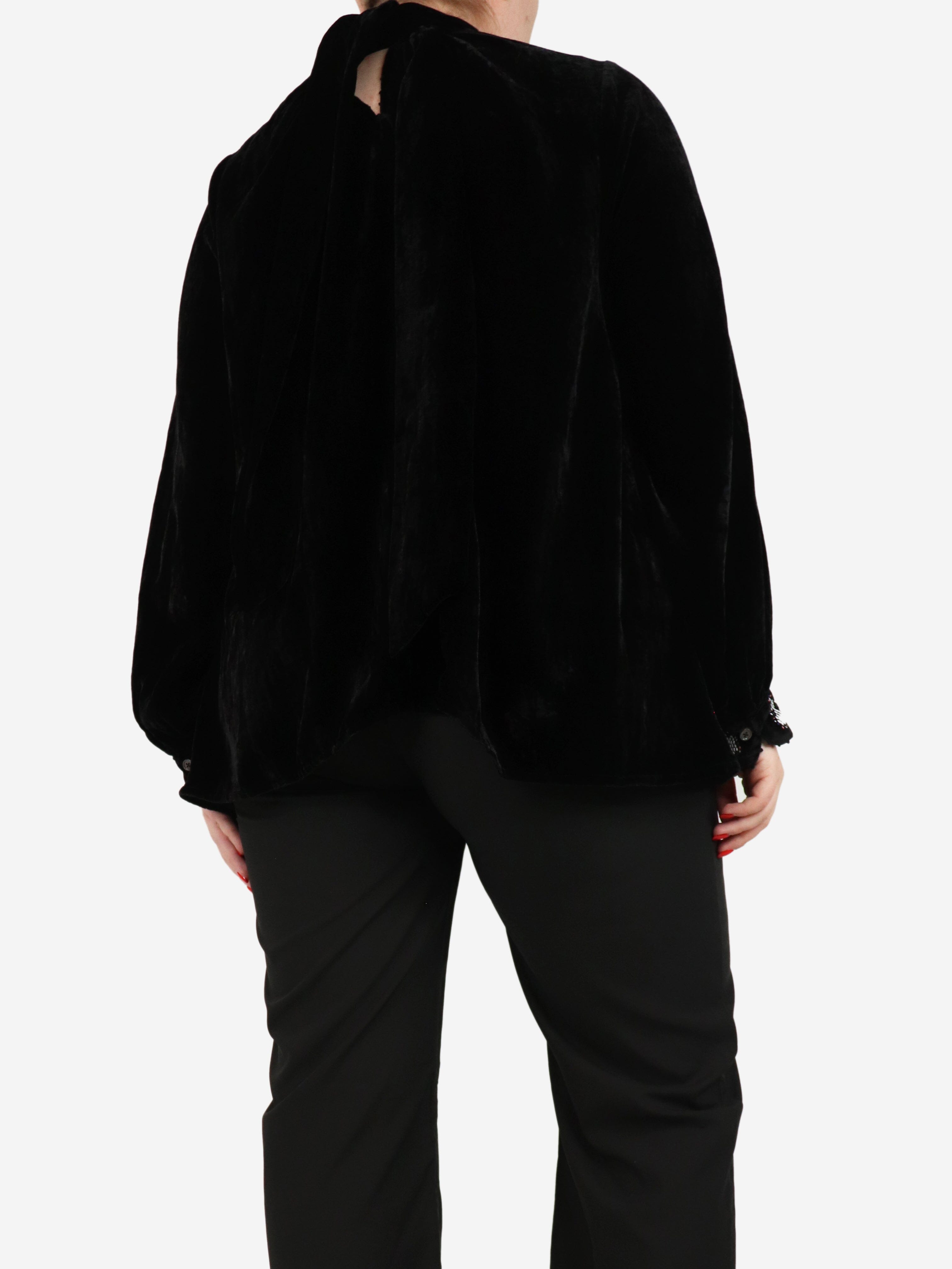 Black Velvet Neck Tie Blouse for Women - Size L - Elegant Office Wear & Evening Party Outfit