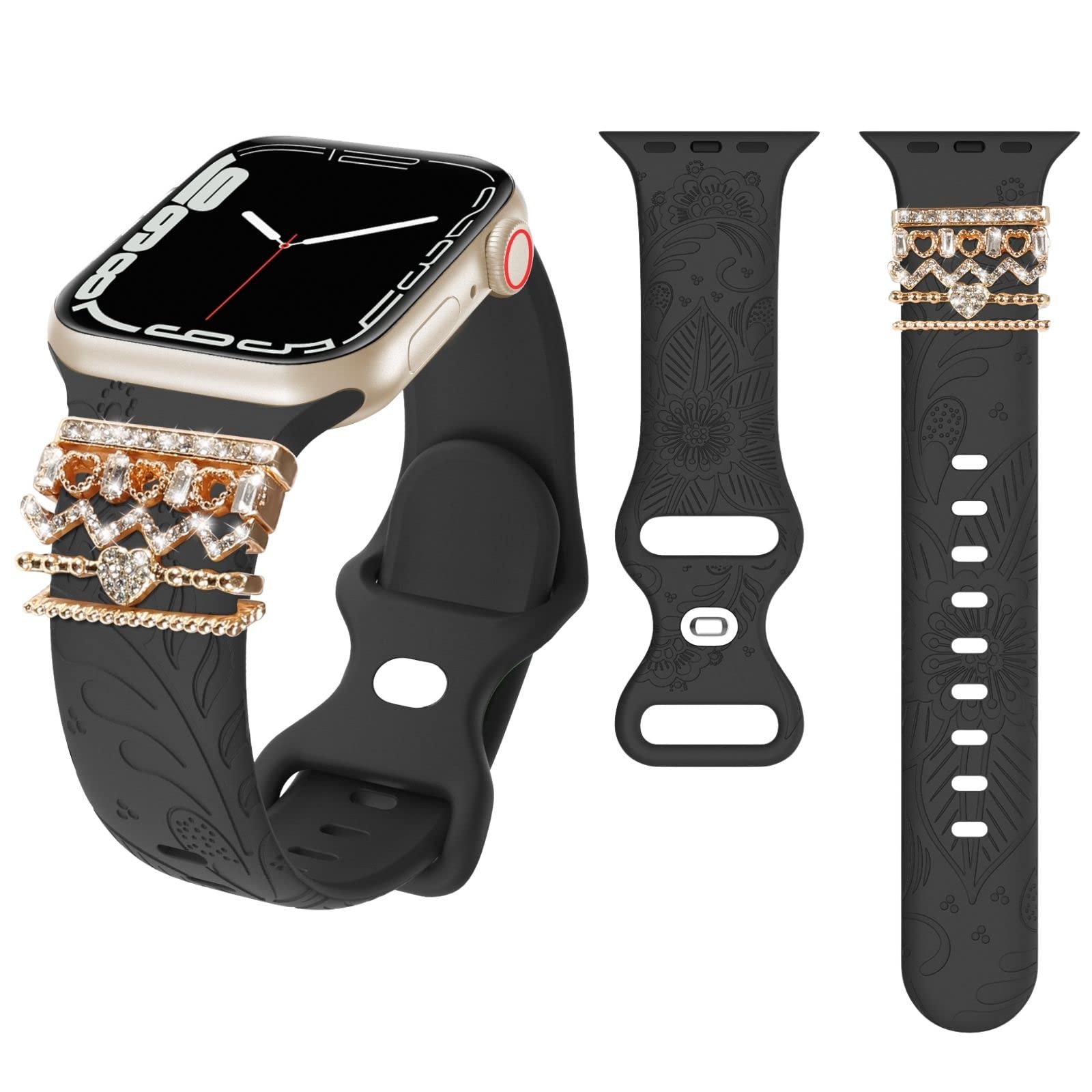 SKYLET Floral Laser Engraved Apple Watch Band for Women - Compatible with iWatch Ultra/SE/Series 8/7/6/5/4/3/2/1 (38mm 40mm 41mm 42mm 44mm 45mm 49mm) - Decorative Charm Bracelet Style for Workout, Office & Casual Wear