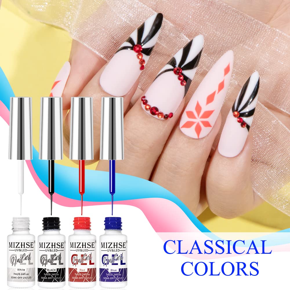 MIZHSE 7ml Gel Liner Nail Art Paint - Black, White, Blue, Red Spider Line Gel for French Manicure & Swirl Designs | Professional Nail Art Kit for Salon & Home Use