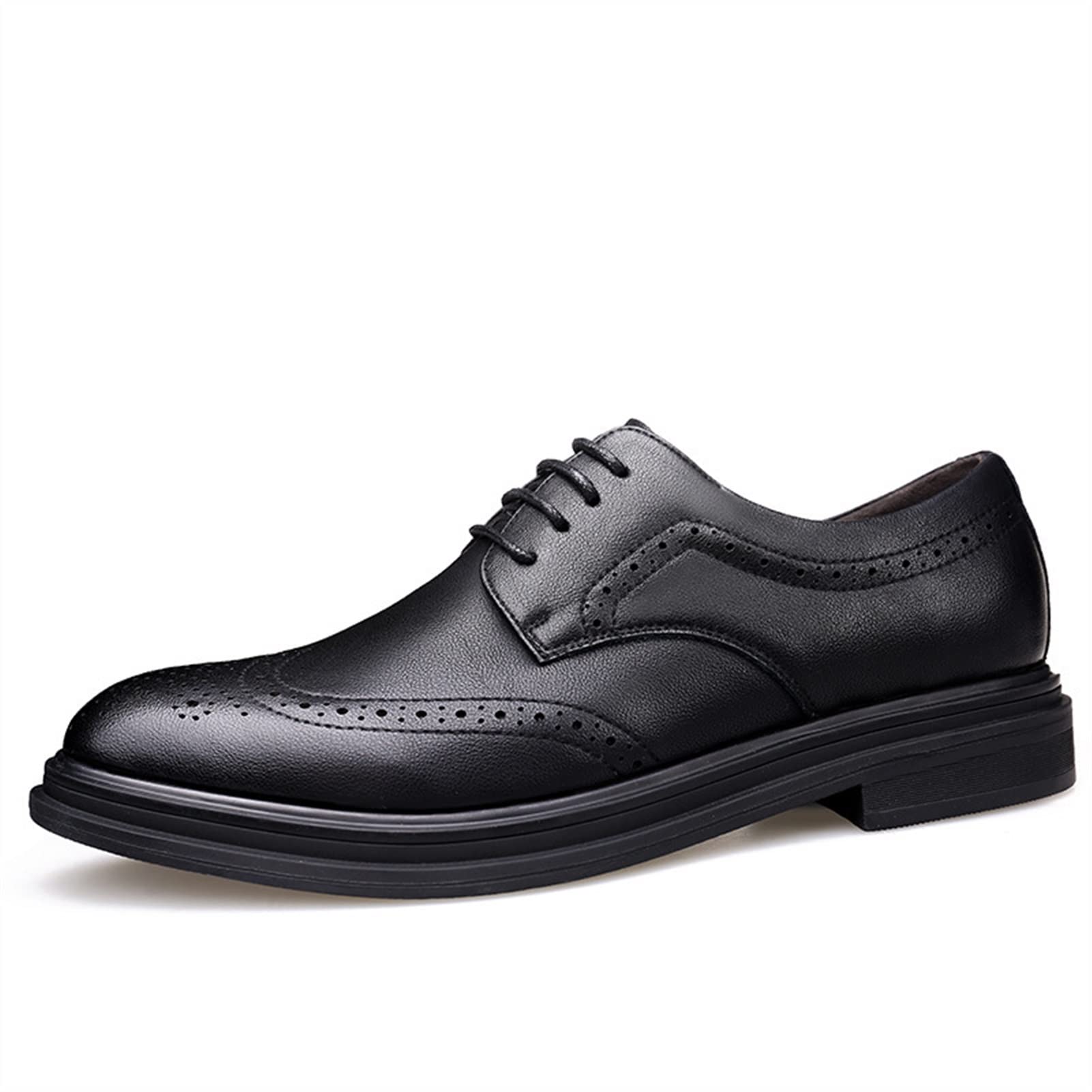 Men's Leather Dress Shoes - Oxford Lace Up Brogue Wing Tip Derby Shoes with Embossed Design, Leather Block Heel & Non-Slip Rubber Sole | Formal Business, Wedding & Office Wear