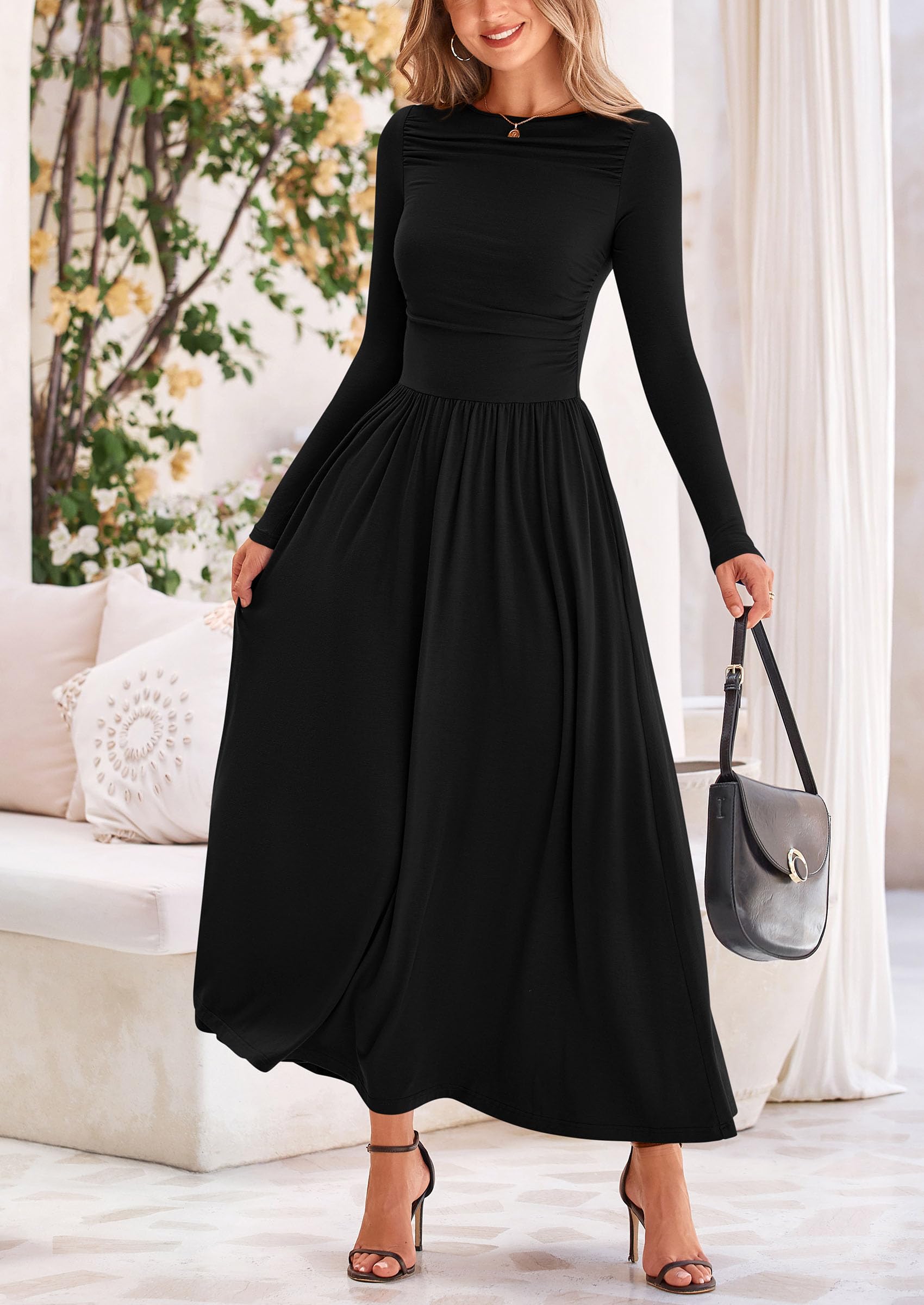 PRETTYGARDEN Women's 2025 Spring Long Sleeve Maxi Dress - Crewneck Ruched A-Line Flowy Elegant Modest Dress for Casual Wear, Church, Wedding Guest & Special Occasions