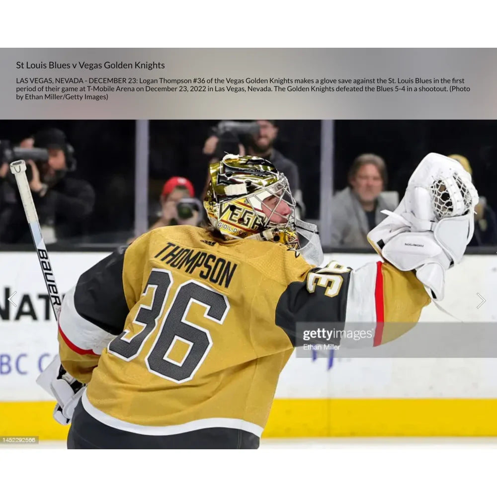 Logan Thompson Autographed Game Used Hockey Glove - Vegas Golden Knights 2022-23 Season Worn with COA IGM - Perfect for Collectors, Fans & Memorabilia Displays
