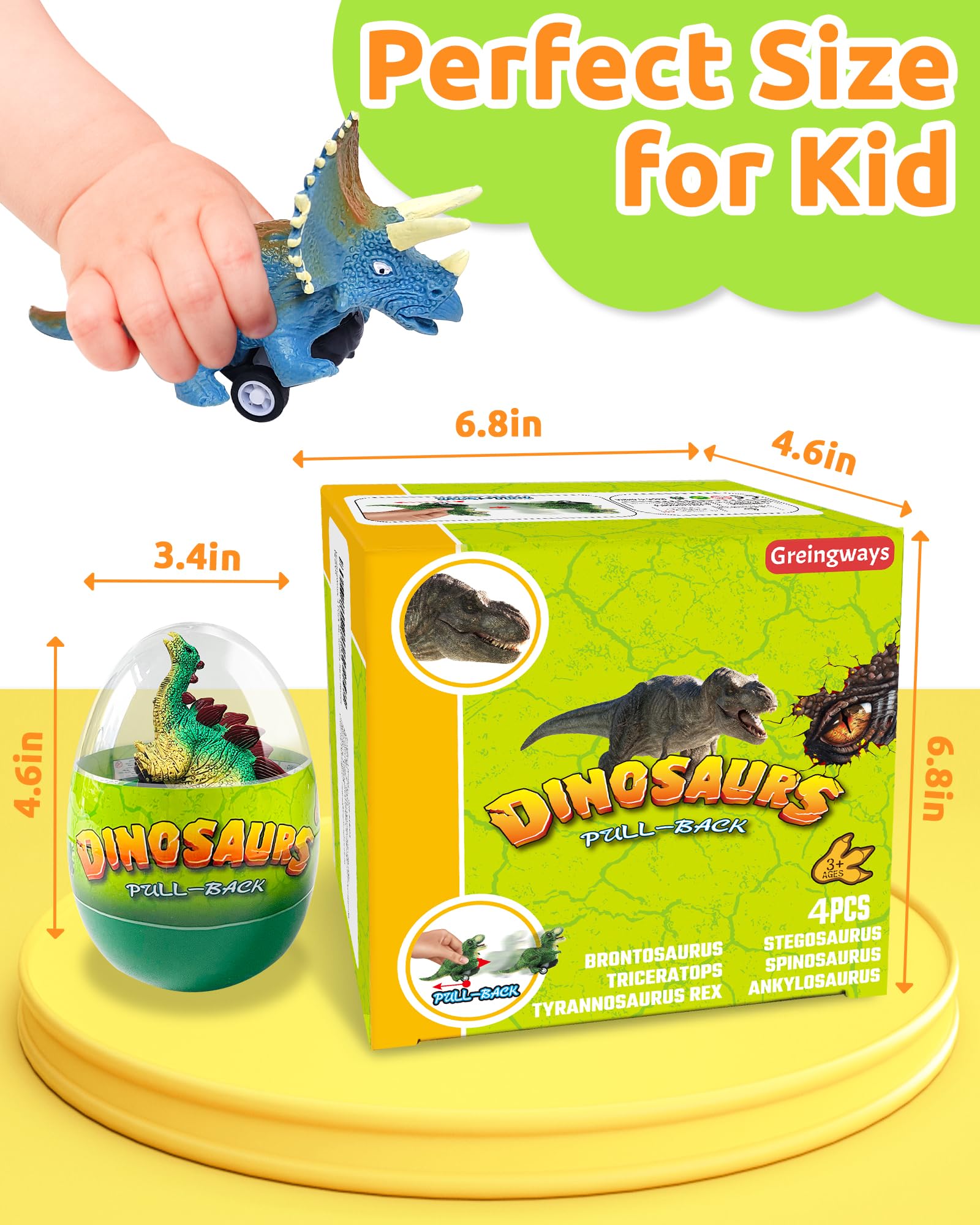 Greingways 4 Pack Dinosaur Pull Back Toy Cars - Prefilled Plastic Easter Eggs with Surprise Toys Inside, Easter Basket Stuffers for Toddlers, Montessori Learning Toys | Perfect for Easter Gifts, Birthday Party Favors, Classroom Rewards & Kids Playtime (Boys & Girls)