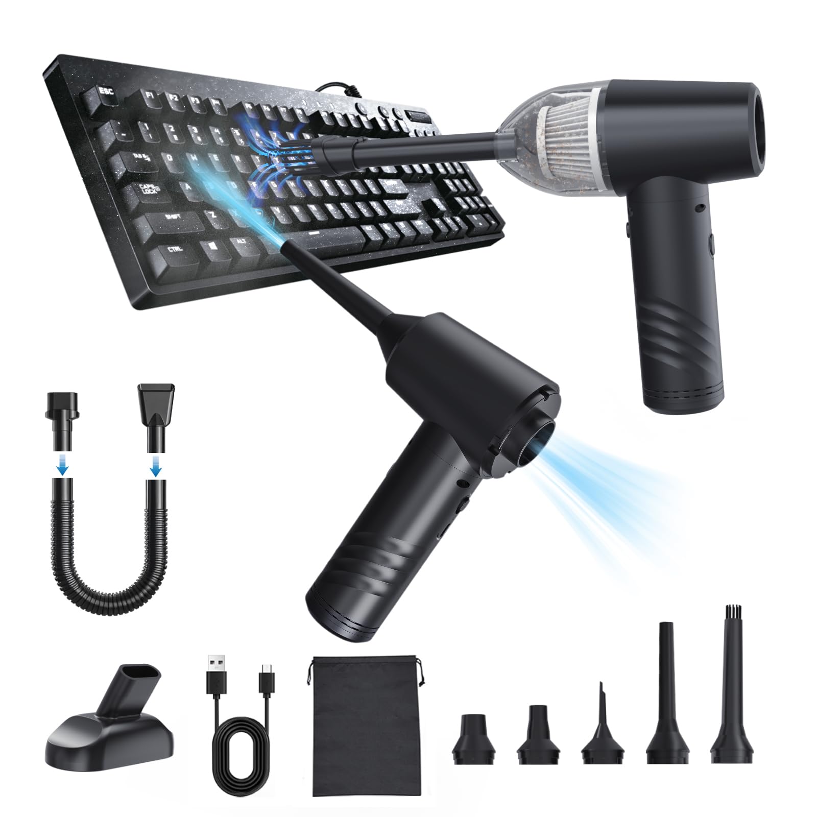 11000PA Cordless Electric Air Duster & Car Vacuum Cleaner - 90000RPM Portable Mini Keyboard Blower for Computer, PC, Office, Car Cleaning | Includes Dustbin (Gray) | Perfect for Electronics Maintenance, Home Office, Vehicle Detailing & Workspace Organization