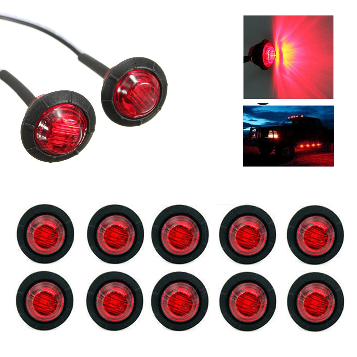 10Pcs 3/4 Inch Round 12V LED Side Marker Lights - IP68 Waterproof Clearance Lamps for Trailers, Trucks, Tractors (Red) - Perfect for Night Driving & Road Safety Compliance