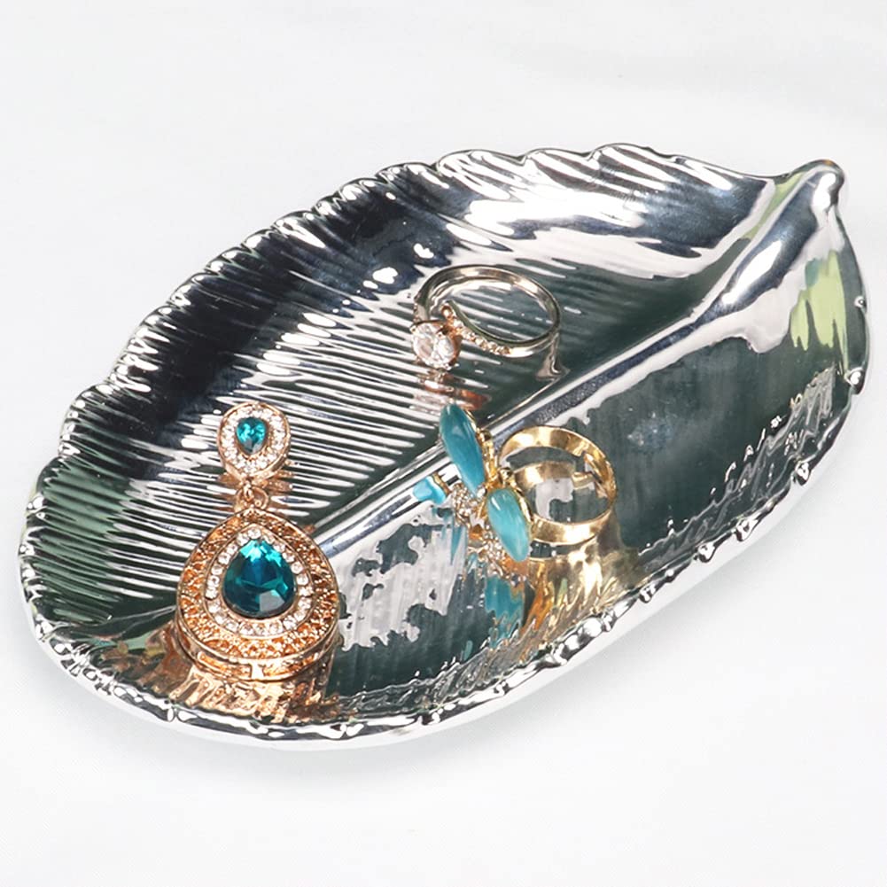 Mollensiuer Ceramic Leaf-Shaped Jewelry Display Tray - Elegant Small Objects Storage Tray for Rings, Earrings & Necklaces - Perfect for Dresser, Vanity, Christmas, Birthday & Wedding Gifts (Silver) - Home Decor & Jewelry Organization Accessory