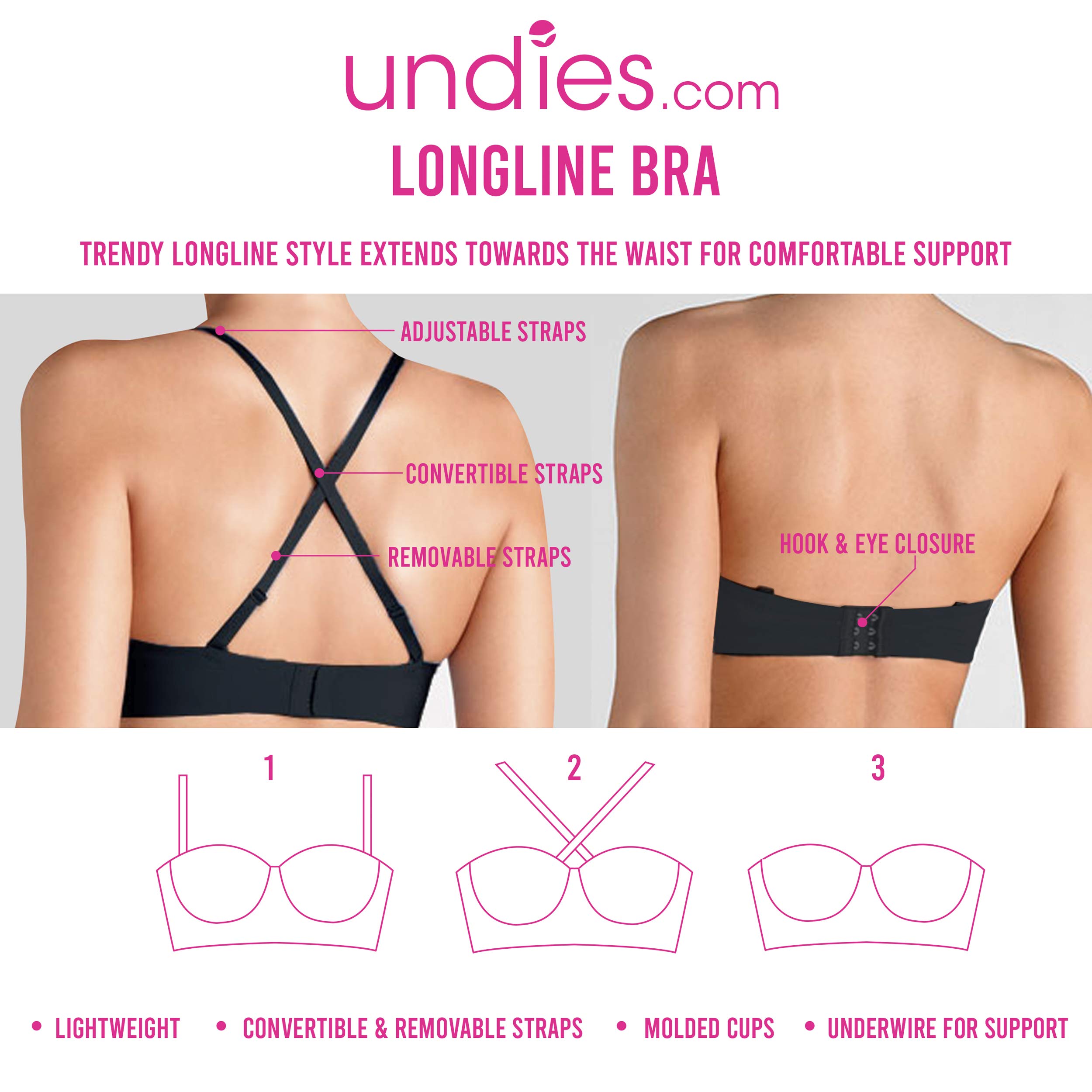 Women's Convertible Adjustable Longline Underwire Bra with Removable Straps & Molded Cups - Perfect for Yoga, Workouts & Everyday Comfort