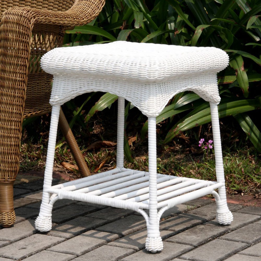 White Wicker Patio End Table - Outdoor Wicker Side Table for Porch, Garden, or Poolside Decor - Weather-Resistant & Stylish Accent Furniture